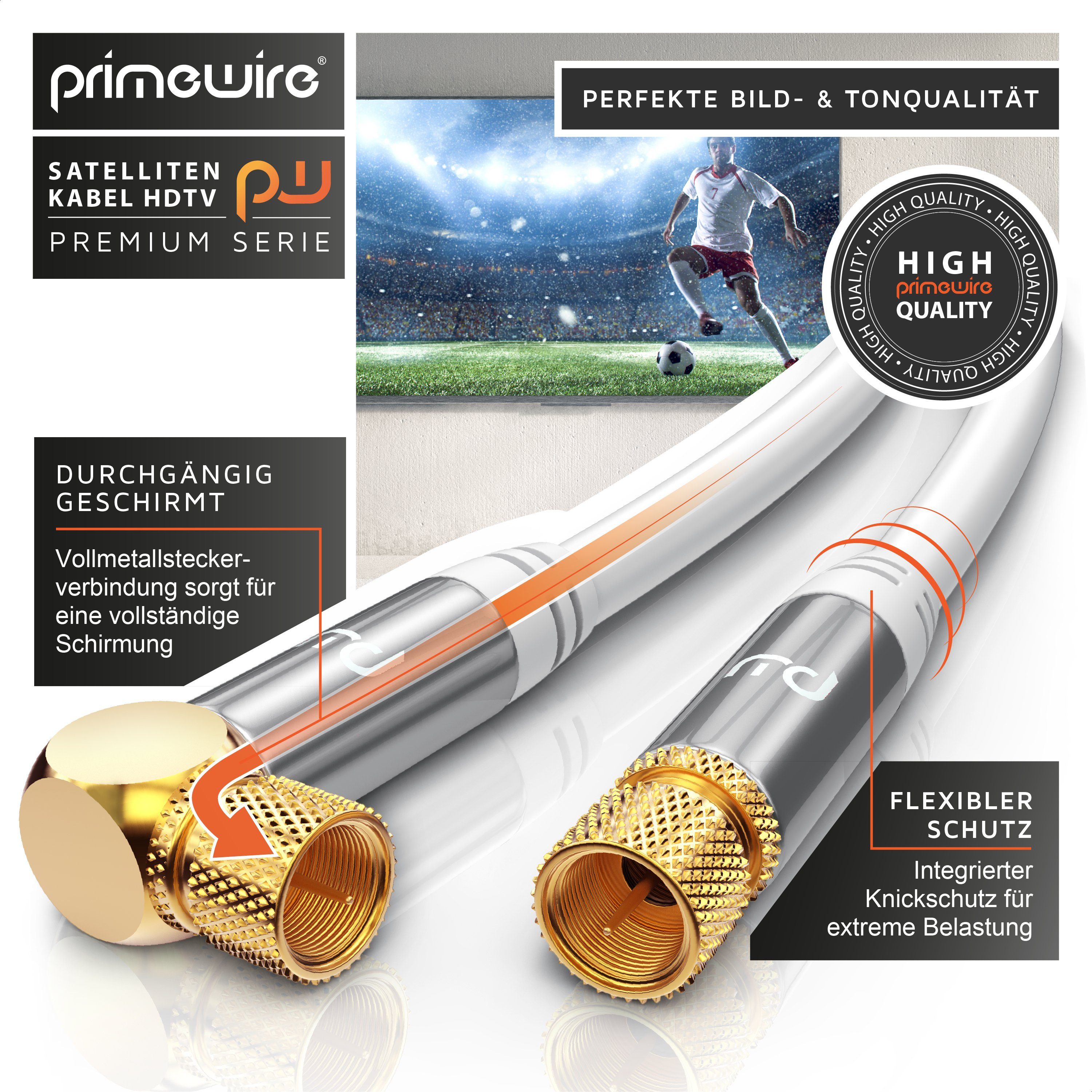 Primewire SAT-Kabel, Koax, F-Verbinder (50 cm), HDTV SAT Koax Kabel 90° gewinkelt, 4fach Schirmung, 135dB, 75Ohm, 0,5m