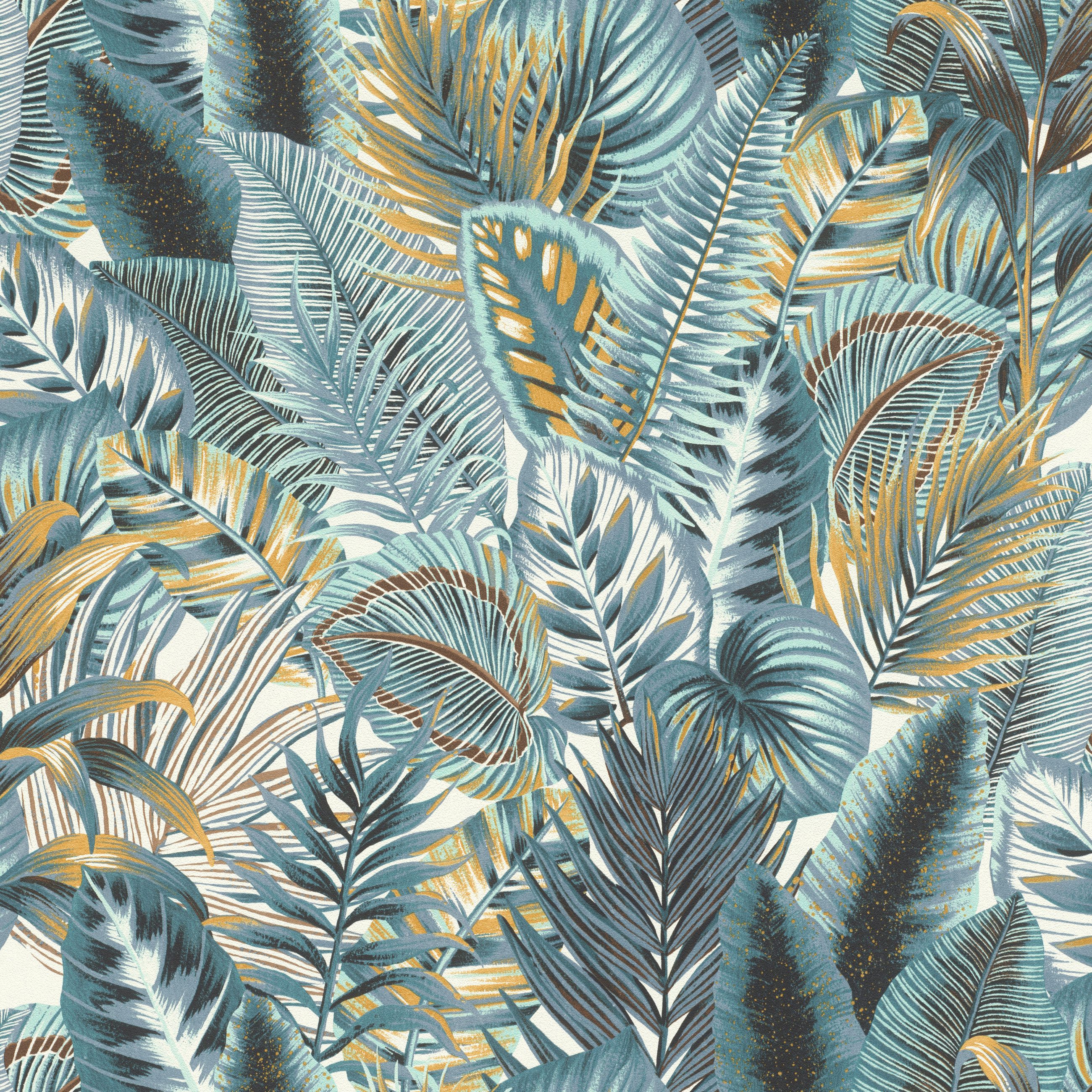 Rasch Vliestapete Blätter & Dschungel - Vliestapete Weiß Braun Blau, floral, bedruckt, (1 Rolle, 1 St., 10,05 m x 0,53 m), Lichtbeständige Farben - Feucht abwischbar - Restlost abziehbar