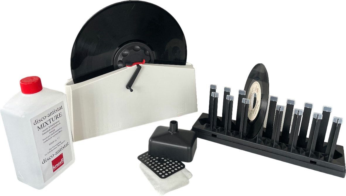 Knosti Plattenspieler-Reinigungs-Set Disco-Antistat Generation II Plus Schallplatten Waschgerät, (inkl. Etikettendichtschale, Reinigungmittel, Trockenständer & Trichter), Schallplattenwaschmaschine mit austauschbaren Bürsten