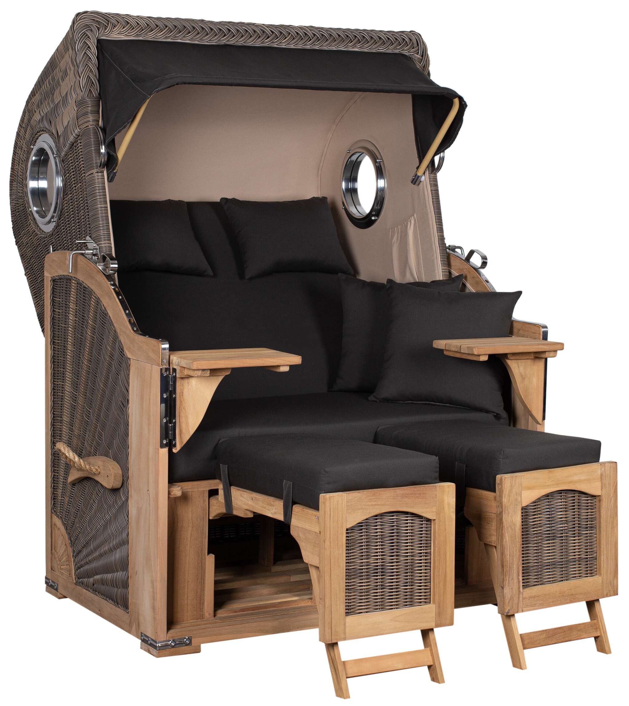 MR.DEKO Strandkorb Düne 2-Sitzer Teak Bullauge wetterfest PE-Geflecht grey, BxTxH: 125x80x170 cm, Düne, Düne, (Fertig montierter Strandkorb für Garten, Terrasse & Balkon), Wetterfester Volllieger mit Edelstahlbeschlägen & waschbaren Polstern