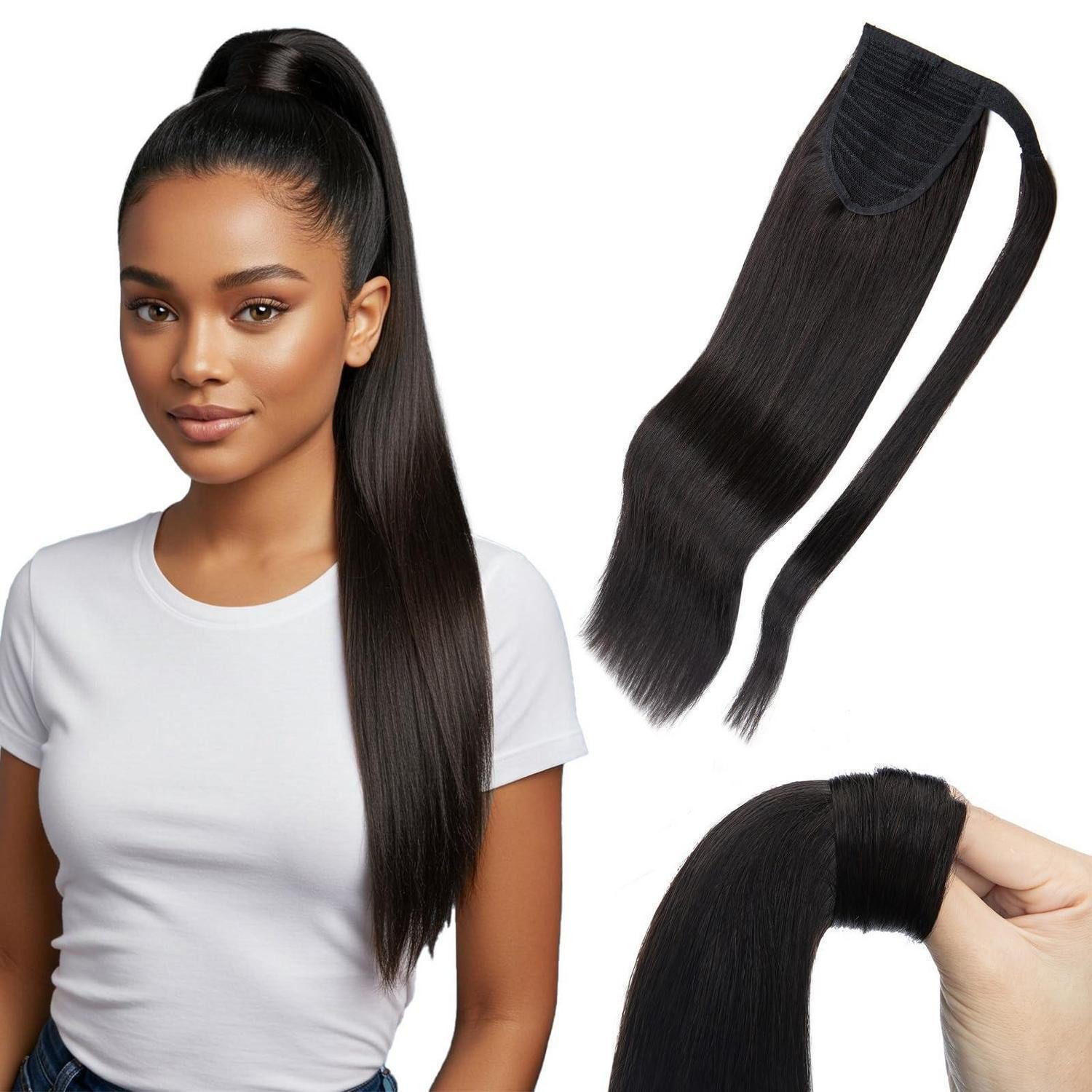 Echthaar-Extension Ponytail Extension Echthaar 50 cm-95g 1B Natürliches Schwarz