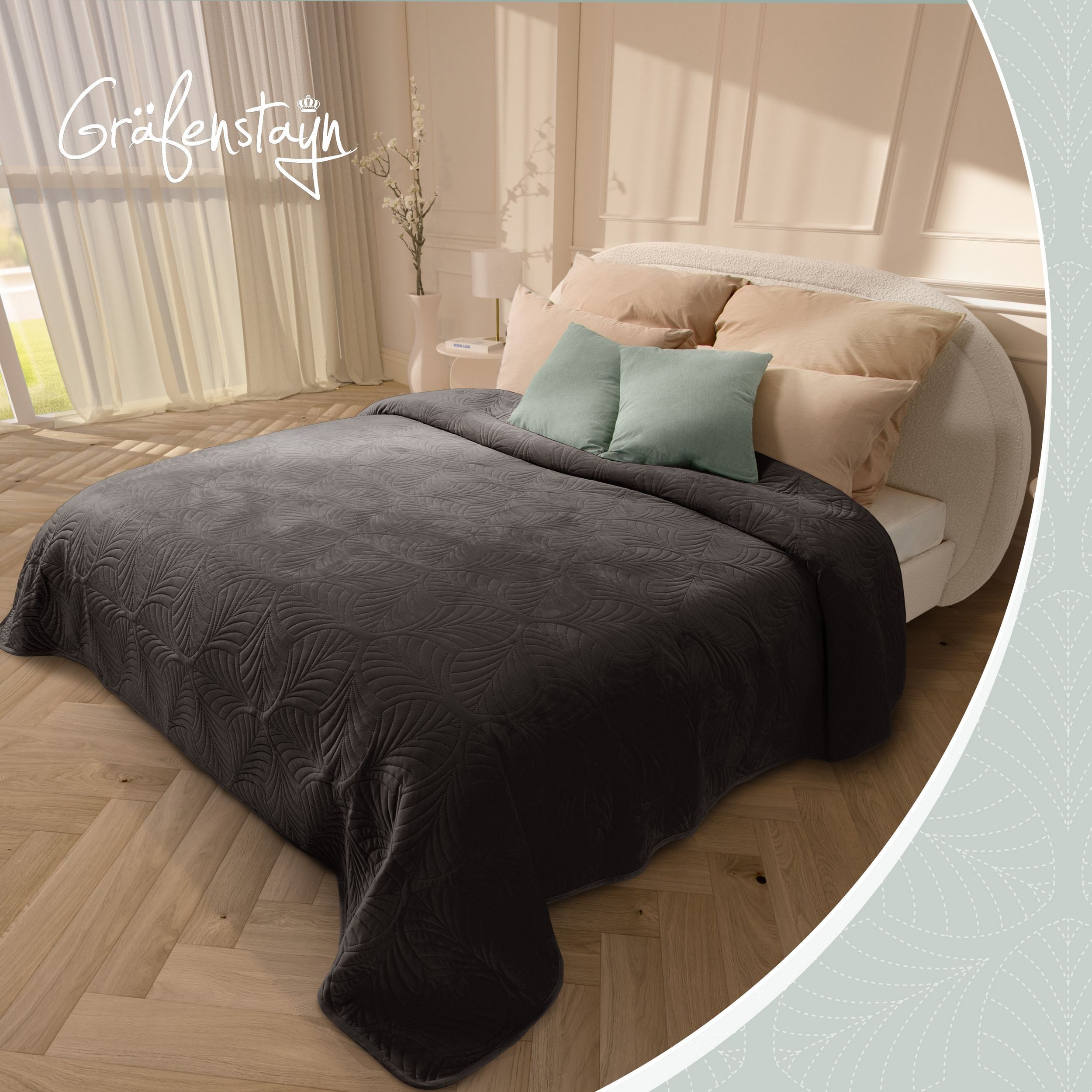 Gräfenstayn Tagesdecke Gräfenstayn Premium Tagesdecke mit nahtloser Steppung & Blatt-Design, Gräfenstayn Premium Tagesdecke mit nahtloser Steppung & Blatt-Desig – Bild 2 von 5