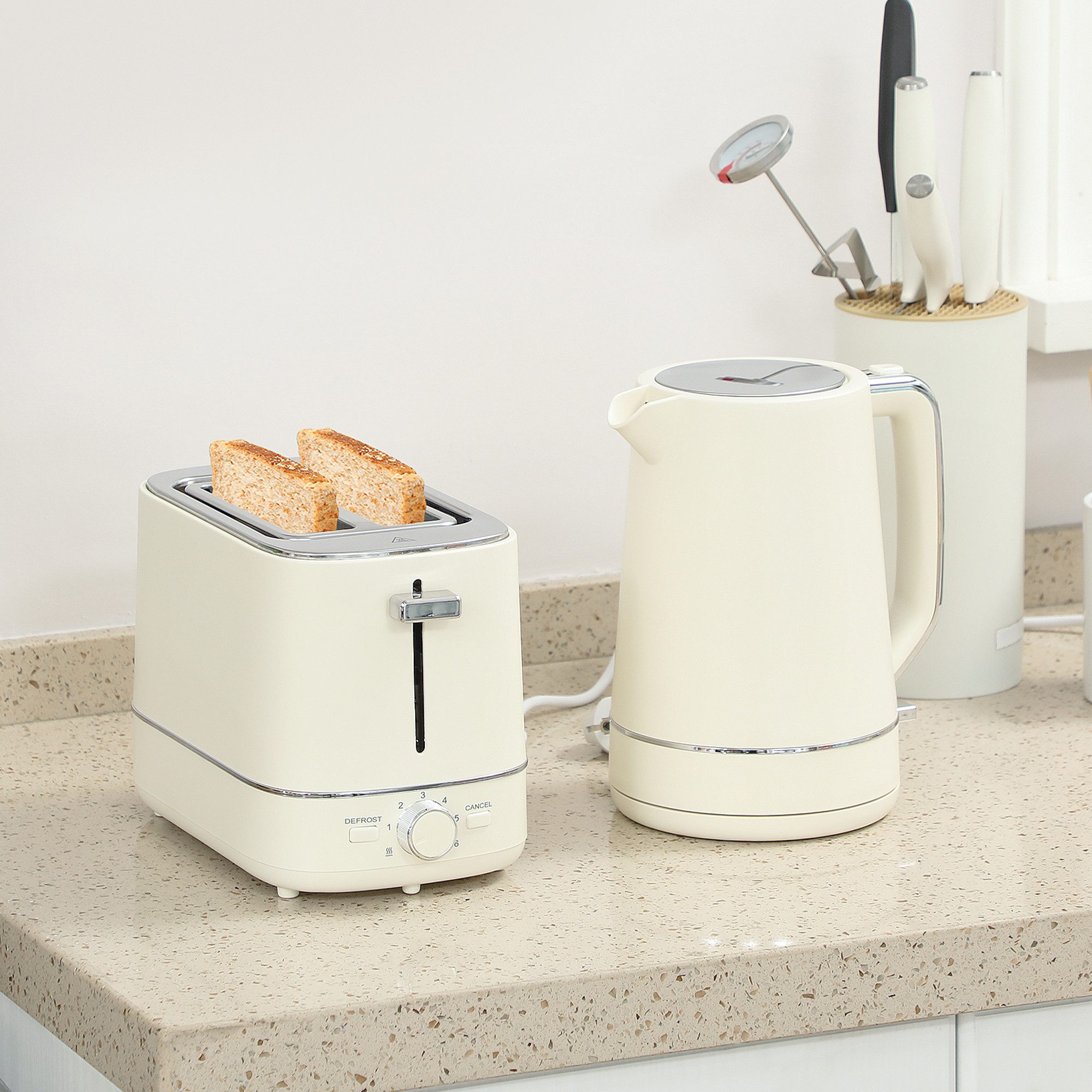 HOMCOM Toaster Frühstück-Set, Thermostat, 1,7L, Aufwärmen & Auftauen, Kalkfilter, 2 Schlitze, für 2 Scheiben, 2200 W, Wasserkocher und Toaster mit 6 Bräunungsstufen, Stahl, eige
