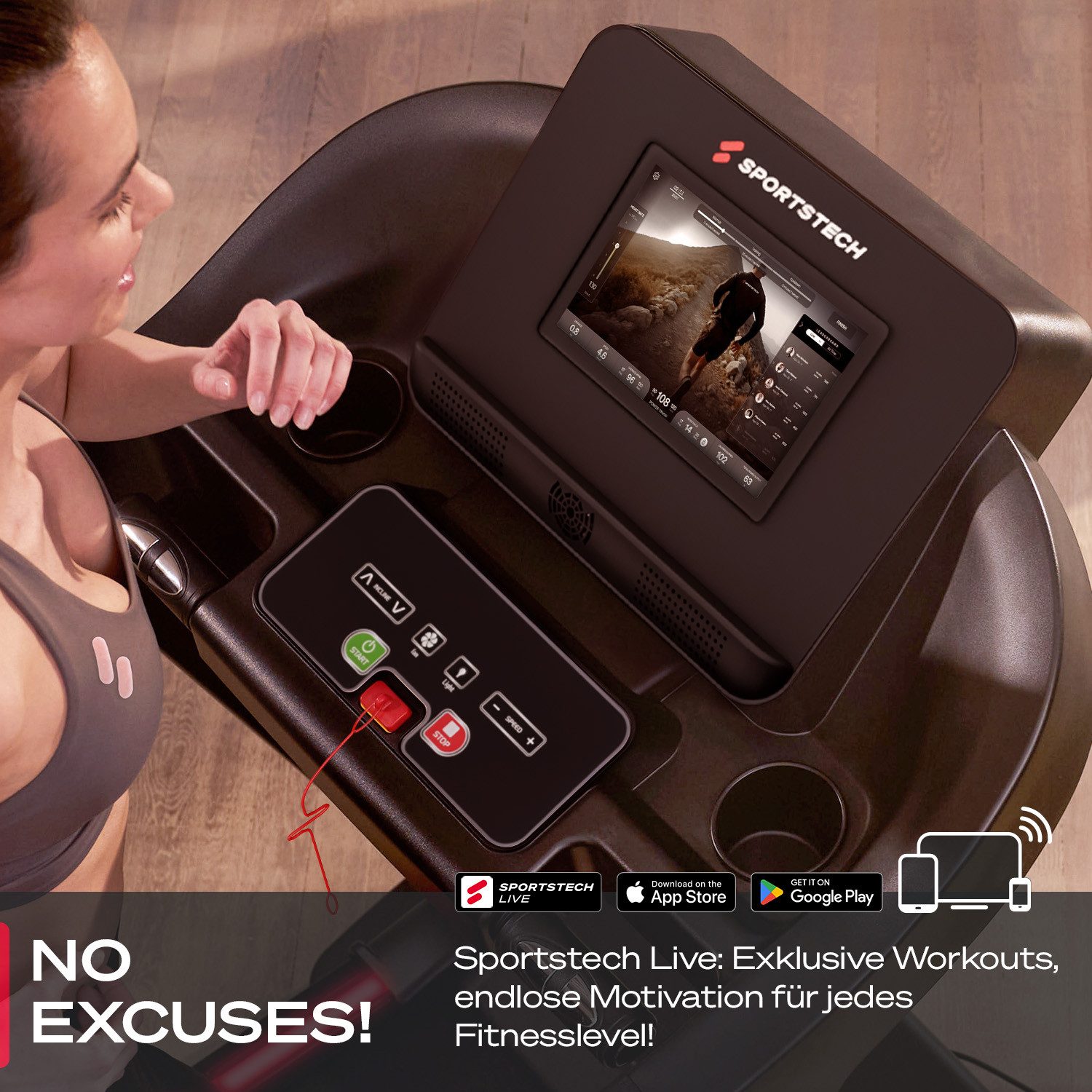 Sportstech Laufband F37s, 11% Steigung, Premium App & Live Kurse, 20km/h, Klappbar