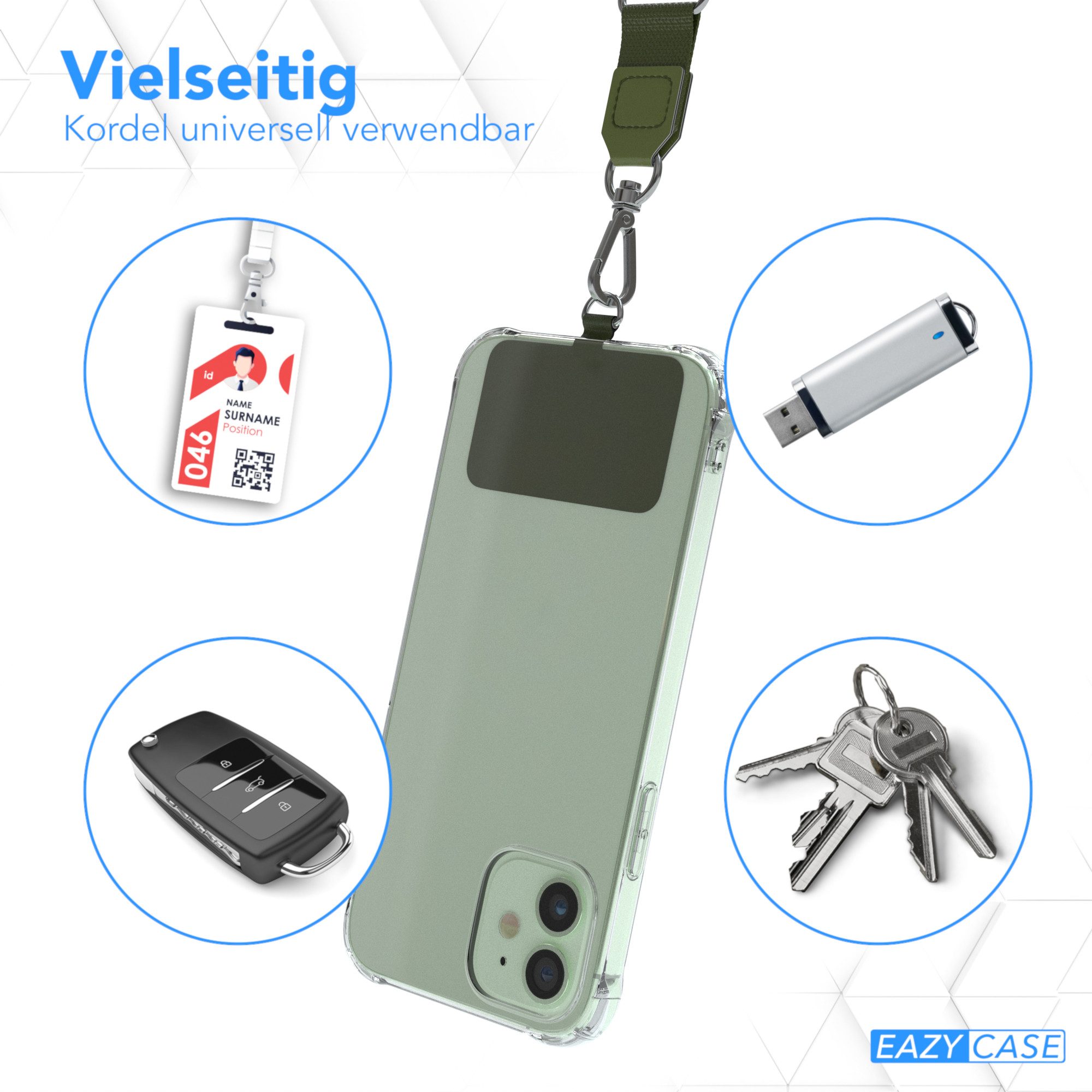 EAZY CASE Handykette Universal Handykette mit Breitband, Universal Handykette Band Chain Kordel wechselbar mit Karabiner Grün