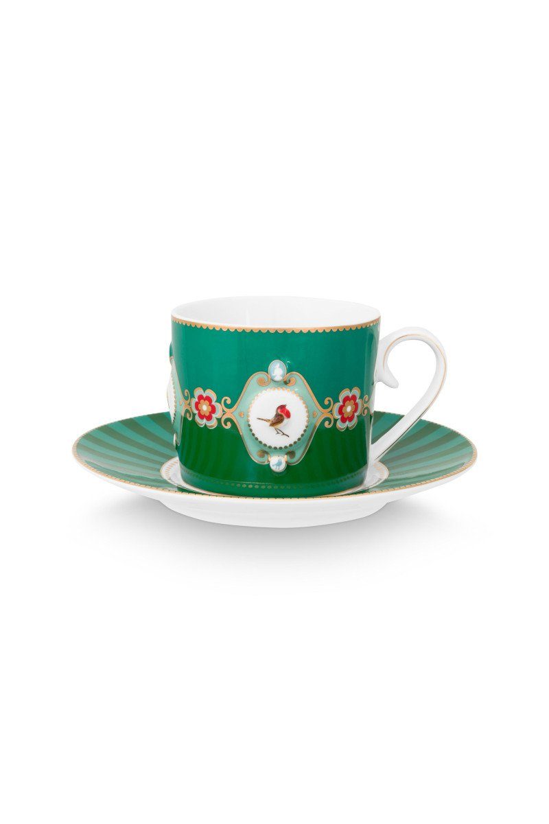 PiP Studio Tasse Love Birds Medallion Tasse m.U. grün 200ml, Bone China, Cup & Saucer Love Birds Medallion Emerald-Green 200ml