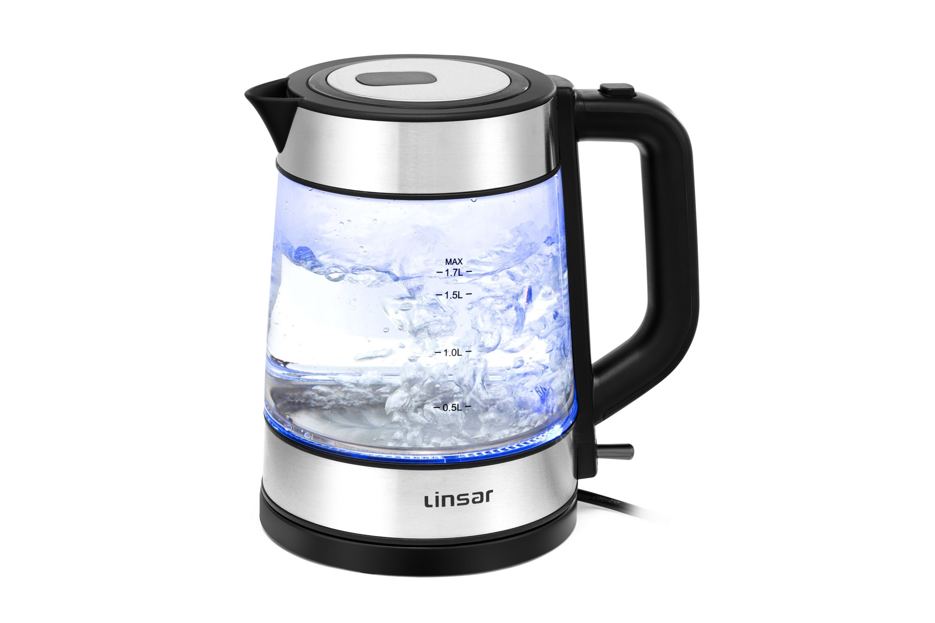 Linsar Wasserkocher Borosilikat Glas, 1,7 Liter, blaue LED-Beleuchtung, Kalkfilter