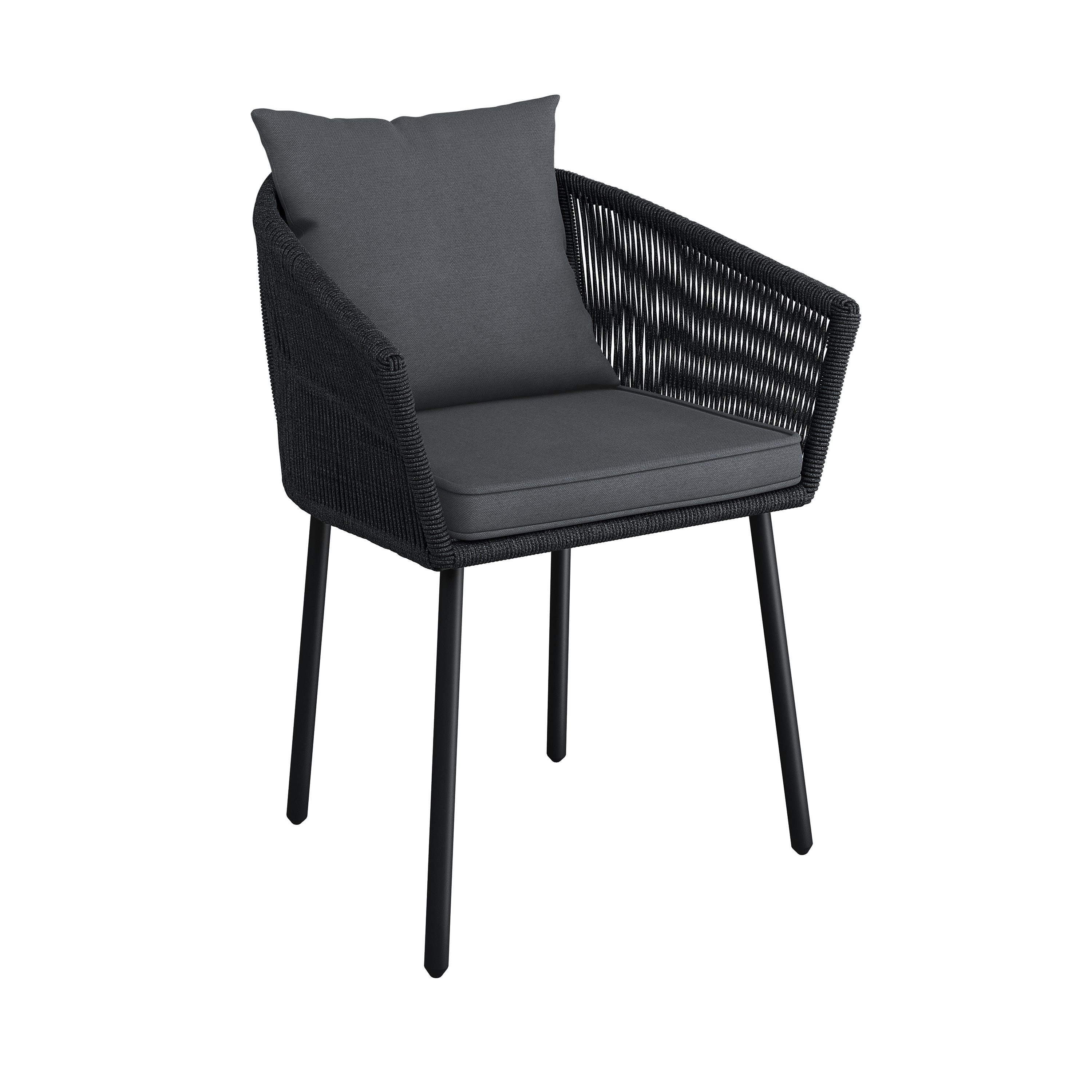 STEELSØN Gartenstuhl Nair mit Sitzauflagen & Kissen (2er Set, schwarz), Gartensessel aus Polyrattan, elastisches Seilgeflecht, wetterbeständig