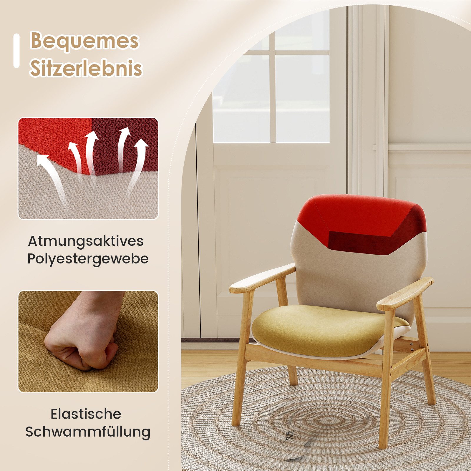 COSTWAY Ohrensessel, Polstersessel Relaxsessel gepolstert mit Holzrahmen