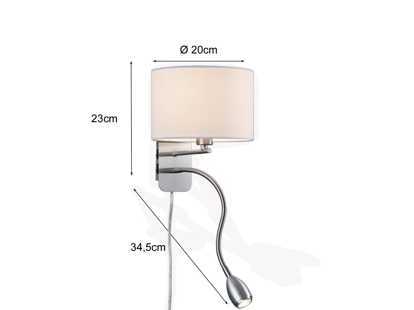 mit Stecker LED Nachttischlampe H: meineWunschleuchte fest wechselbar, LED Lesearm, Warmweiß, 23,5cm innen, Schalter & Wandleuchte, Leselampe integriert, Wand LED