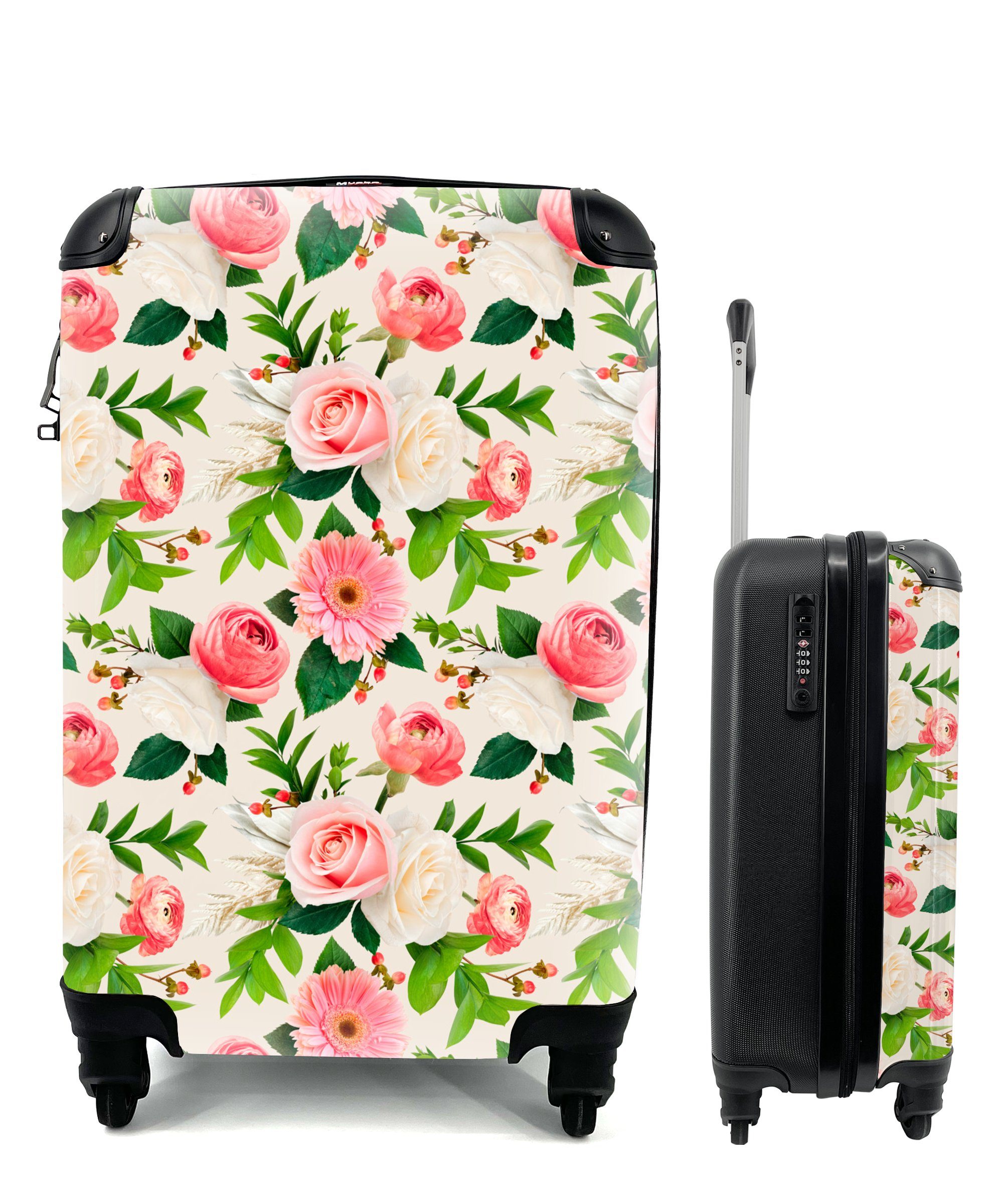 Rosa, Handgepäckkoffer 4 mit Rosen - Ferien, Rollen, Handgepäck Reisetasche rollen, MuchoWow - Reisekoffer für Blumen Trolley,