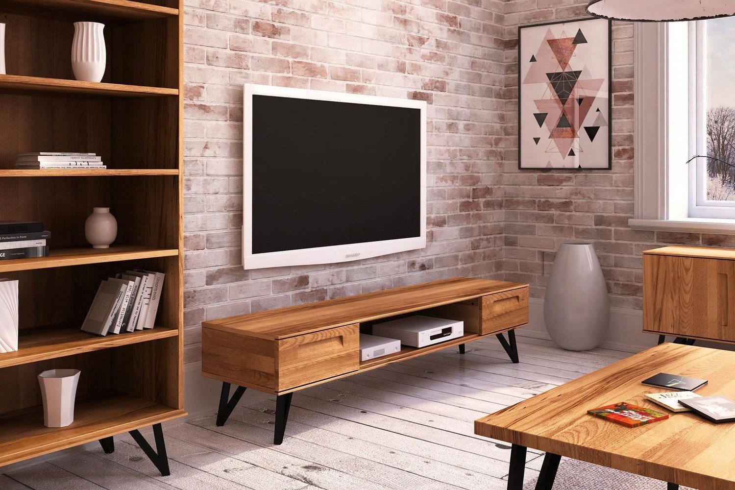 Natur24 Lowboard TV-Board Rolo Kernbuche 182x45x42 Metallbeine 2 Schubladen 1 Fach