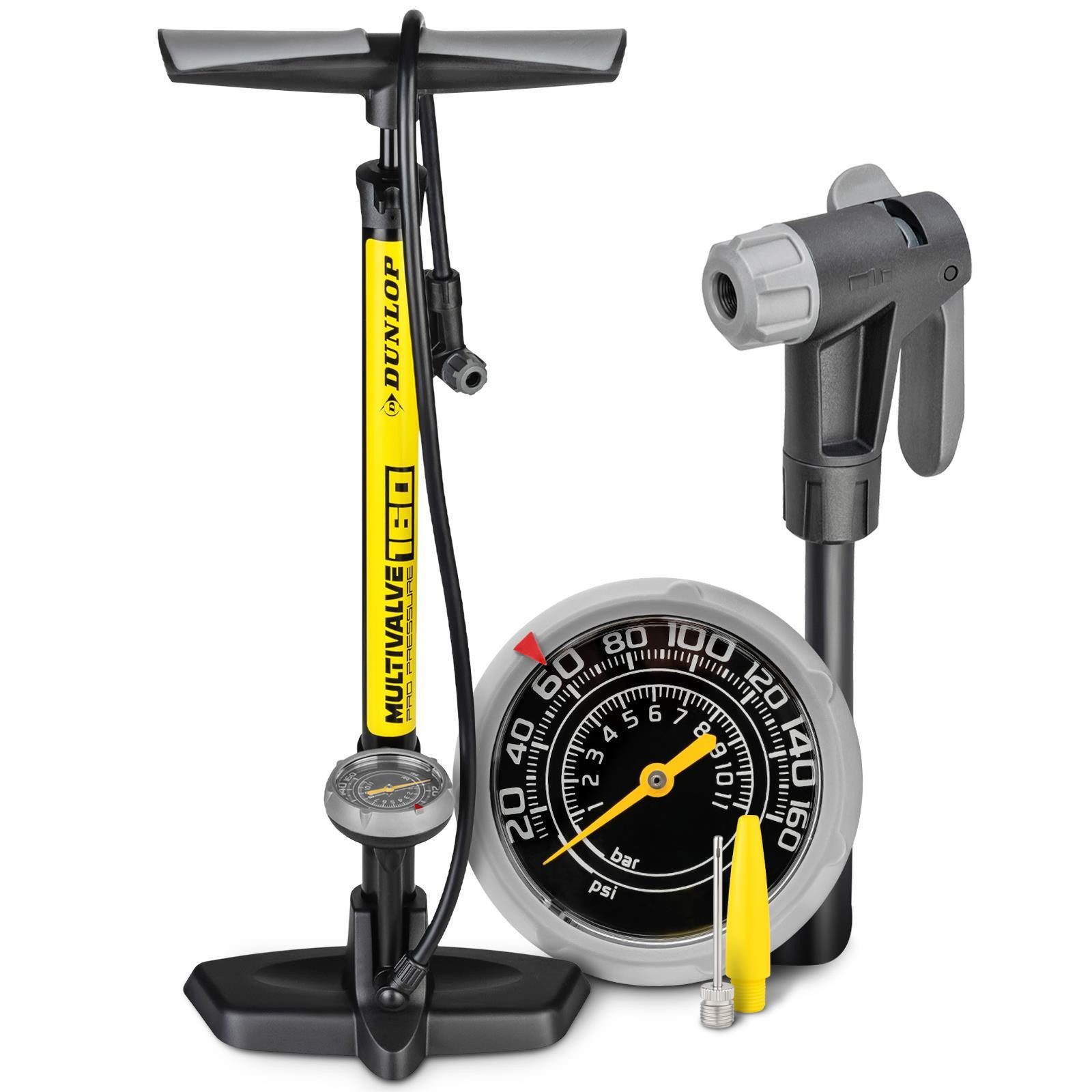 Dunlop Fahrradpumpe Luftpumpe Premium Standpumpe Fahrradpumpe alle Ventile bis 11 bar, Premium Standpumpe aus Aluminium bis 11 bar