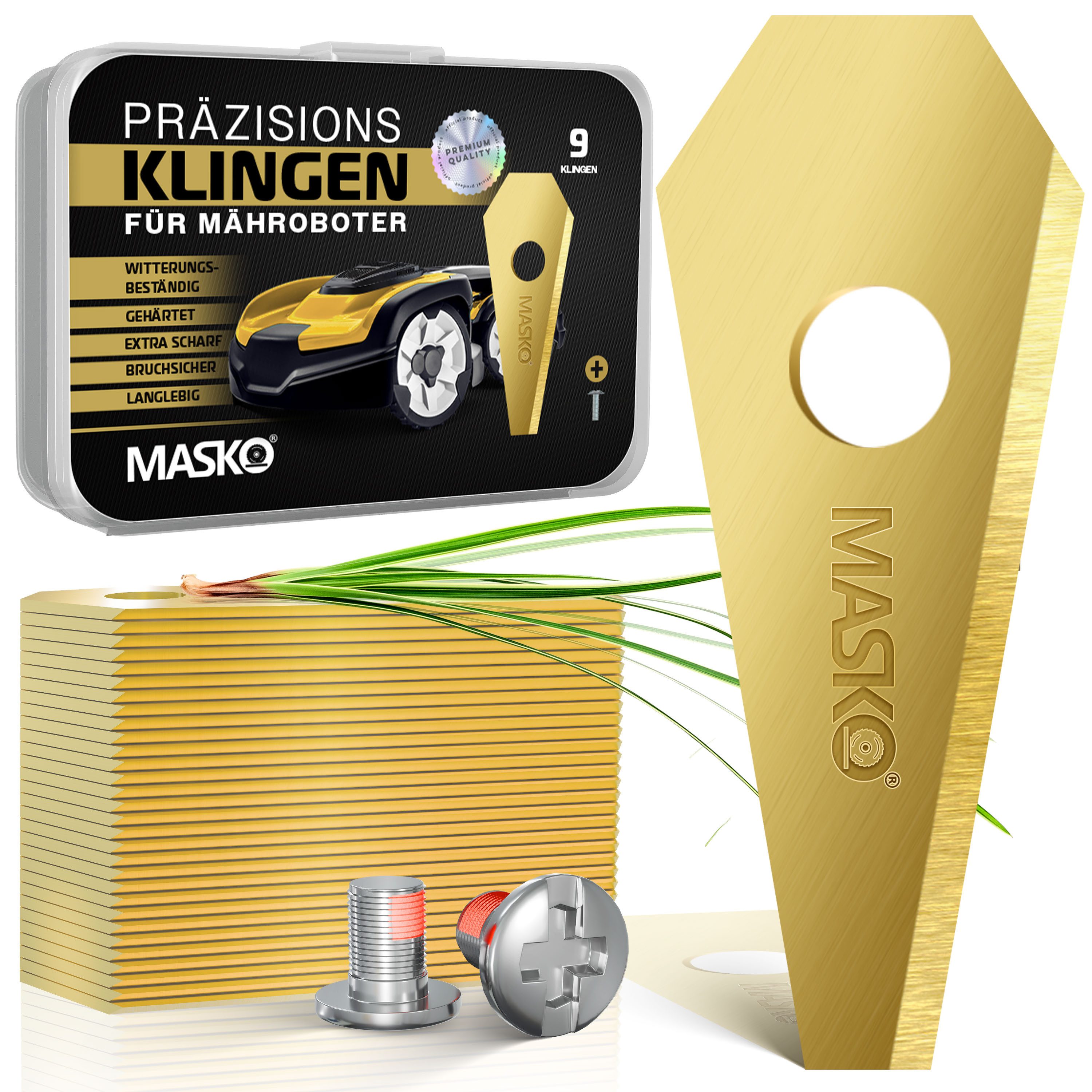 MASKO Mährobotermesser (9-St), Ersatzmesser Klingen für Mähroboter langlebig Titan-Beschichtung goldfarben MASKO Mährobotermesser (9-St), Ersatzmesser Klingen für Mähroboter langlebig Titan-Beschichtung goldfarben