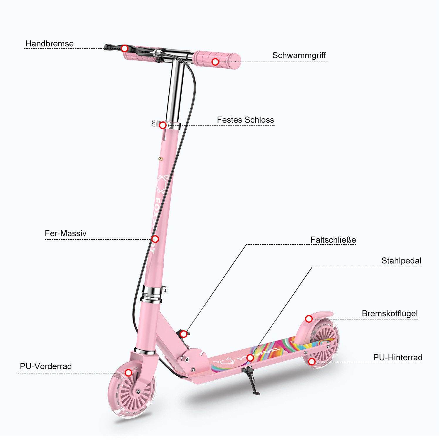 FOXSPORT Cityroller Kick Scooter Faltbarer Kinderoller, 1 km/h, (Set, mit Schutzblechen), klappbar&höhenverstellbar Scooter 4.7 Zoll Räder Maximale 50 kg – Bild 5 von 5