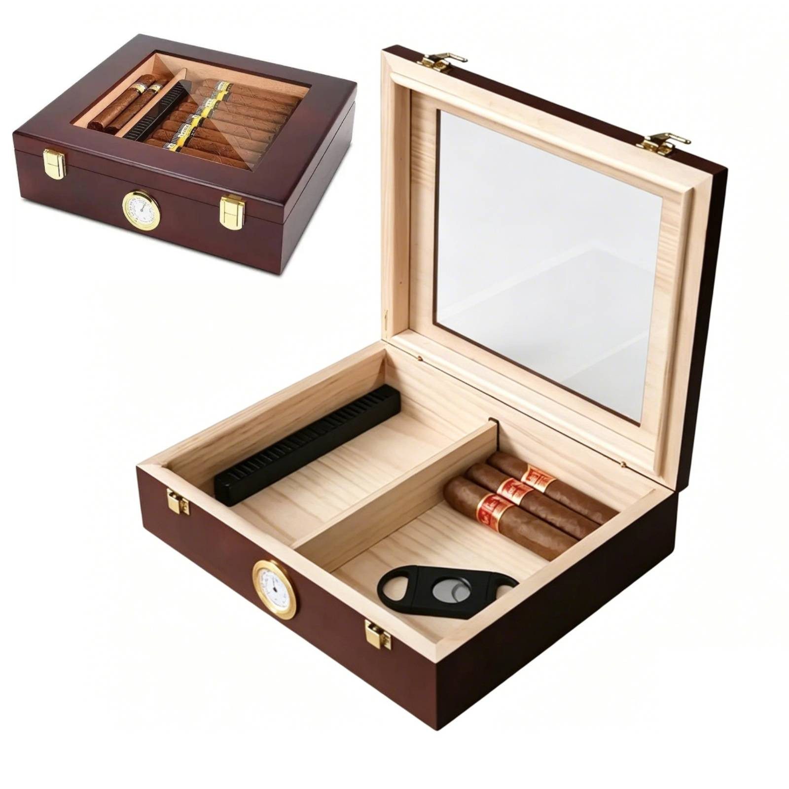 LEMLIT Humidor Zigarren Humidor Zedernholz Mit Hygrometer, Glasdeckel, Braun, Mit Trennwand Und Sichtfenster, Geschenk Für Männer