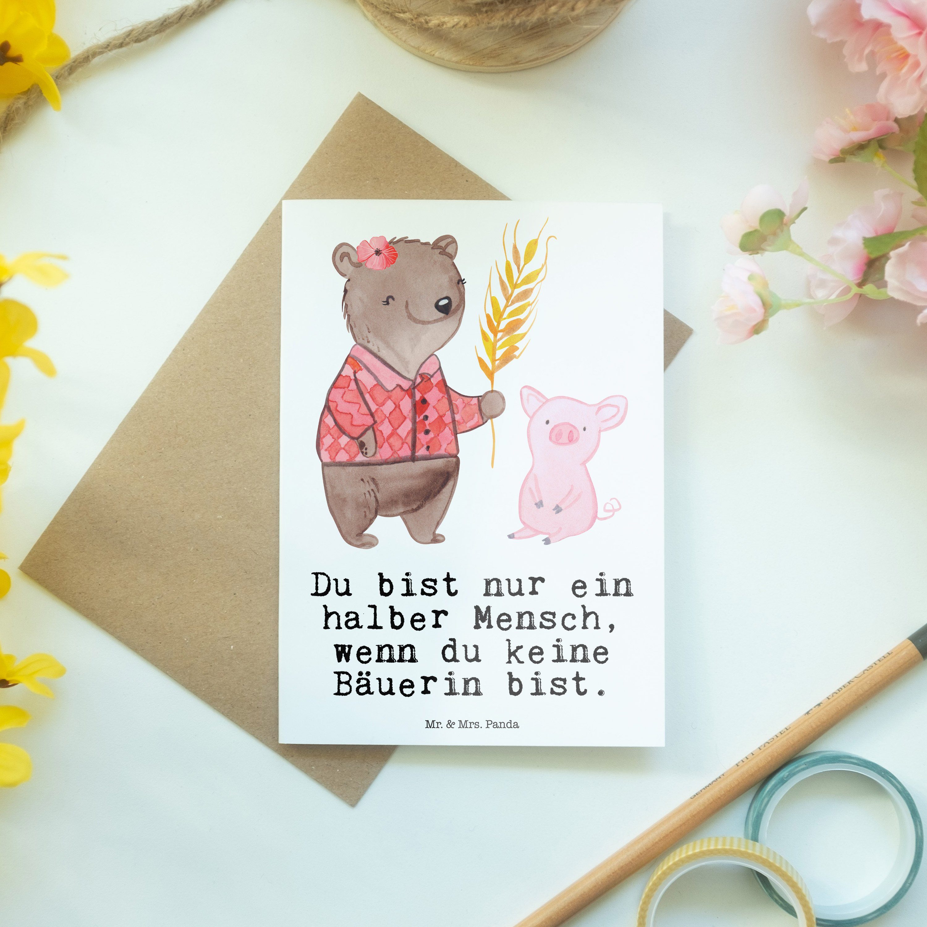 Schweine, Farmerin, Mrs. Mr. Panda Grußkarte Herz Bäuerin mit & - Geschenk, Einladungskar - Weiß