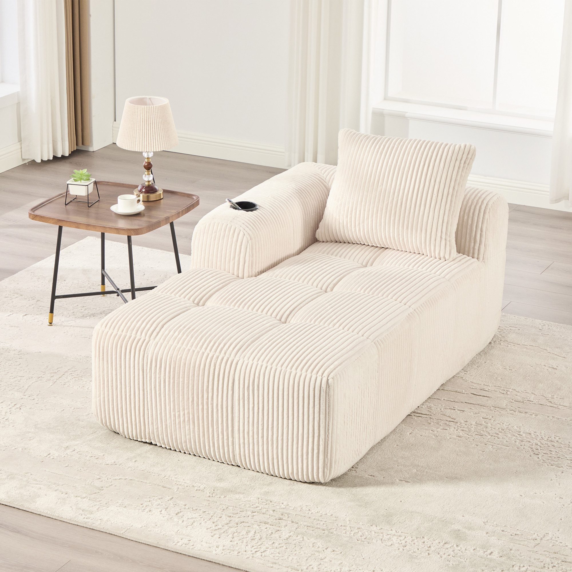 OKWISH Sofa Loungesofa, mit Rückenkissen, seitlicher Aufbewahrungstasche & integriertem Getränkehalter, Cord-Liegesessel Sofa