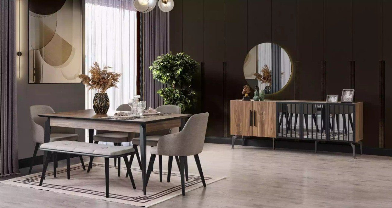 JVmoebel Esszimmer-Set Essgarnitur Essgruppen Set Tisch 8tlg. Set Sideboard 4x Stühle Gruppe, (8-St., 1xEsstisch + 4xStühle + 1xSitzbank + 1xSideboard + 1xSpiegel), Made in Europa