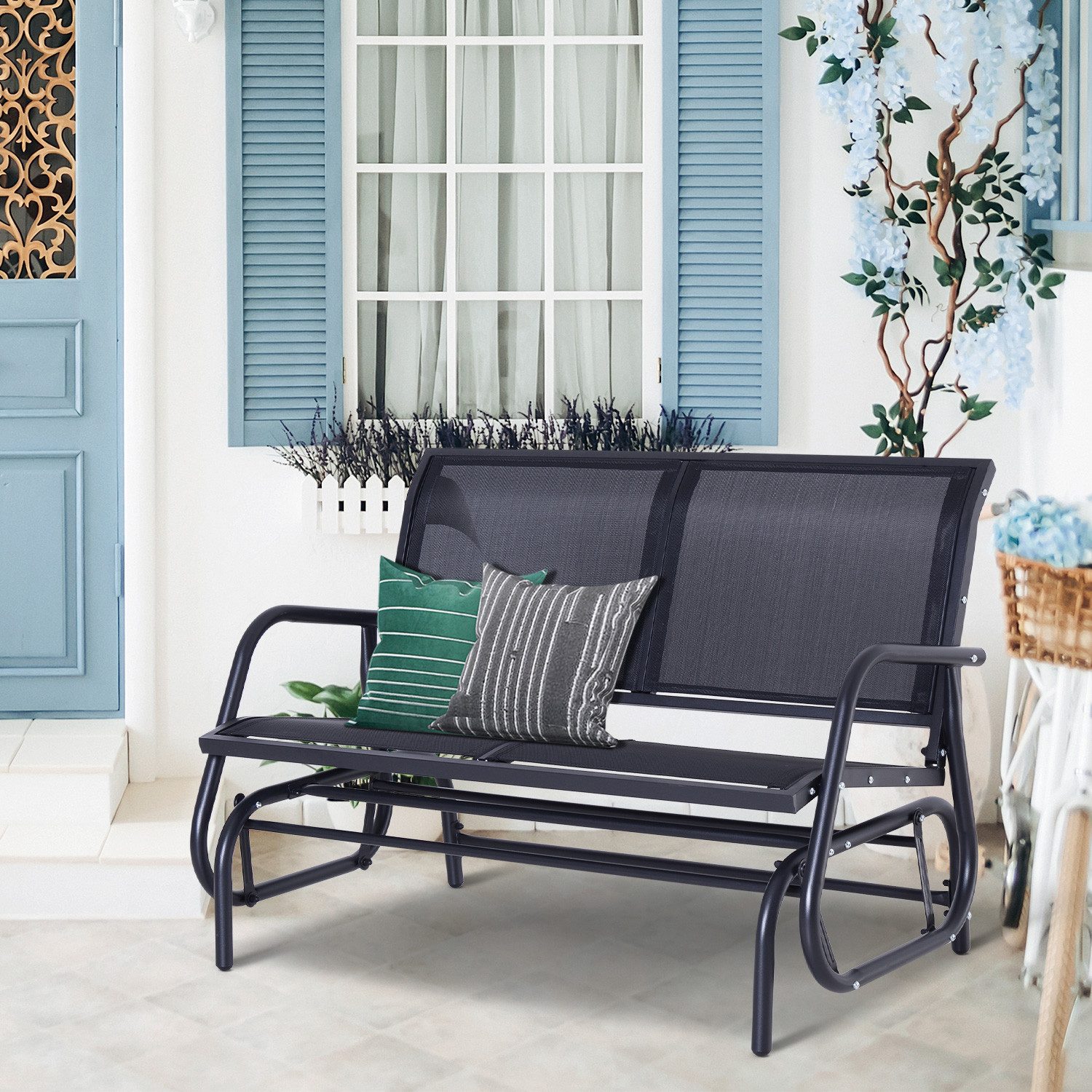 CHICFURN Gartenbank 2-Sitzer Schaukelstuhl in Schwarz aus Metall, 120x70x88 cm (Packung, 1-St., Gartenschaukel & Parkbank für Terrasse, Garten & Balkon), Sitzbank mit Schaukel-Funktion für entspannte Stunden im Freien