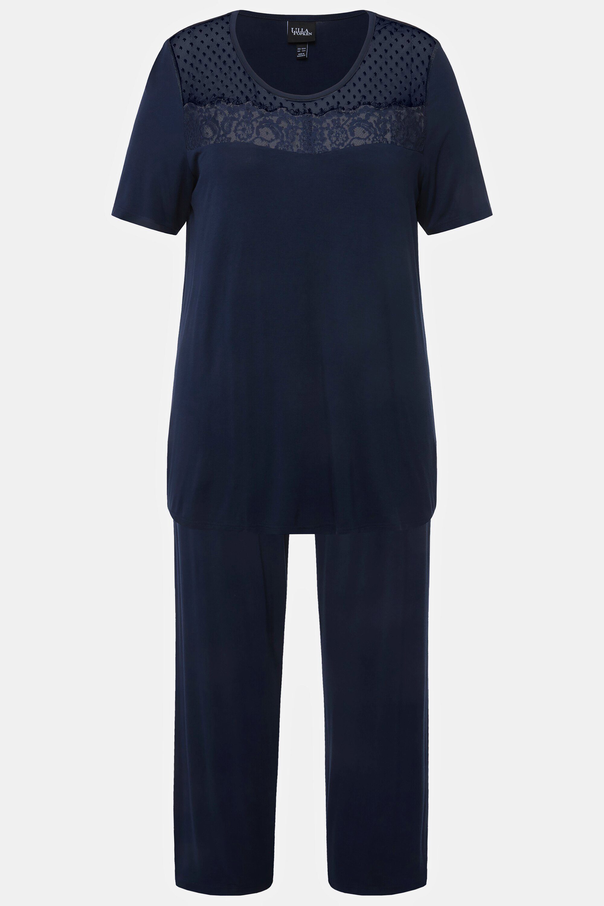 Schlafanzug Ulla Halbarm Rundhalsausschnitt Pyjama Spitze nachtblau Popken
