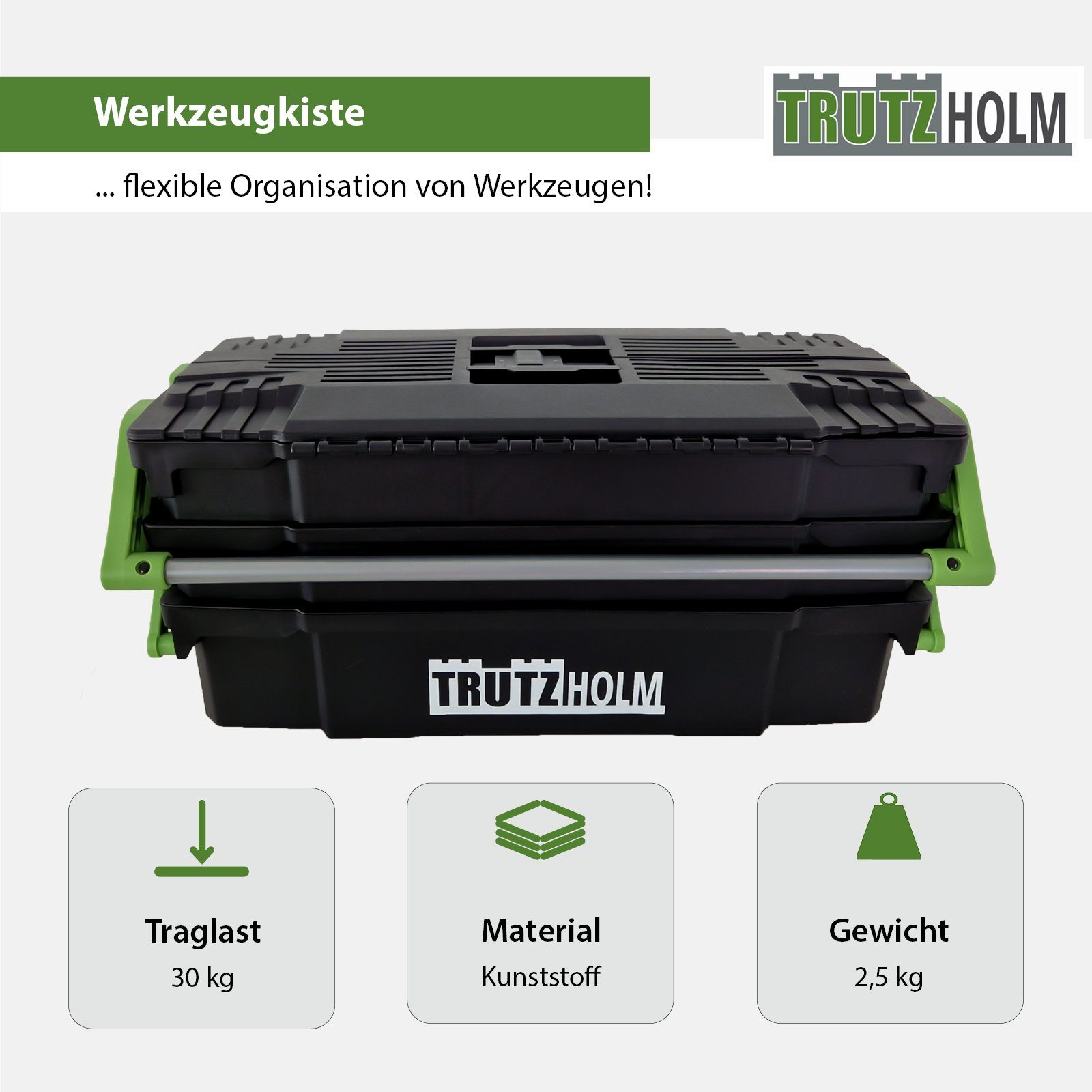 TRUTZHOLM Werkzeugkoffer 48x24x21 cm Kunststoff Griffe klappbar aus Stahl Werkzeugkasten leer