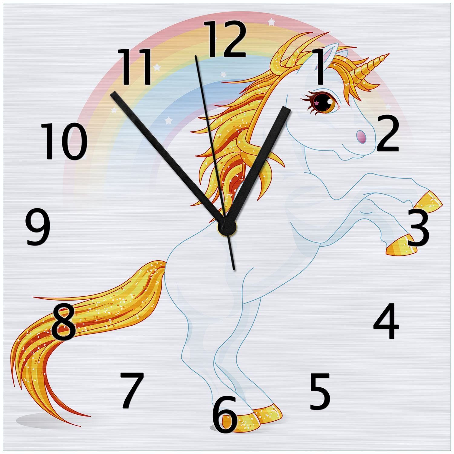 Wallario Wanduhr Weißes Einhorn vor einem Regenbogen (Aluverbunduhr)