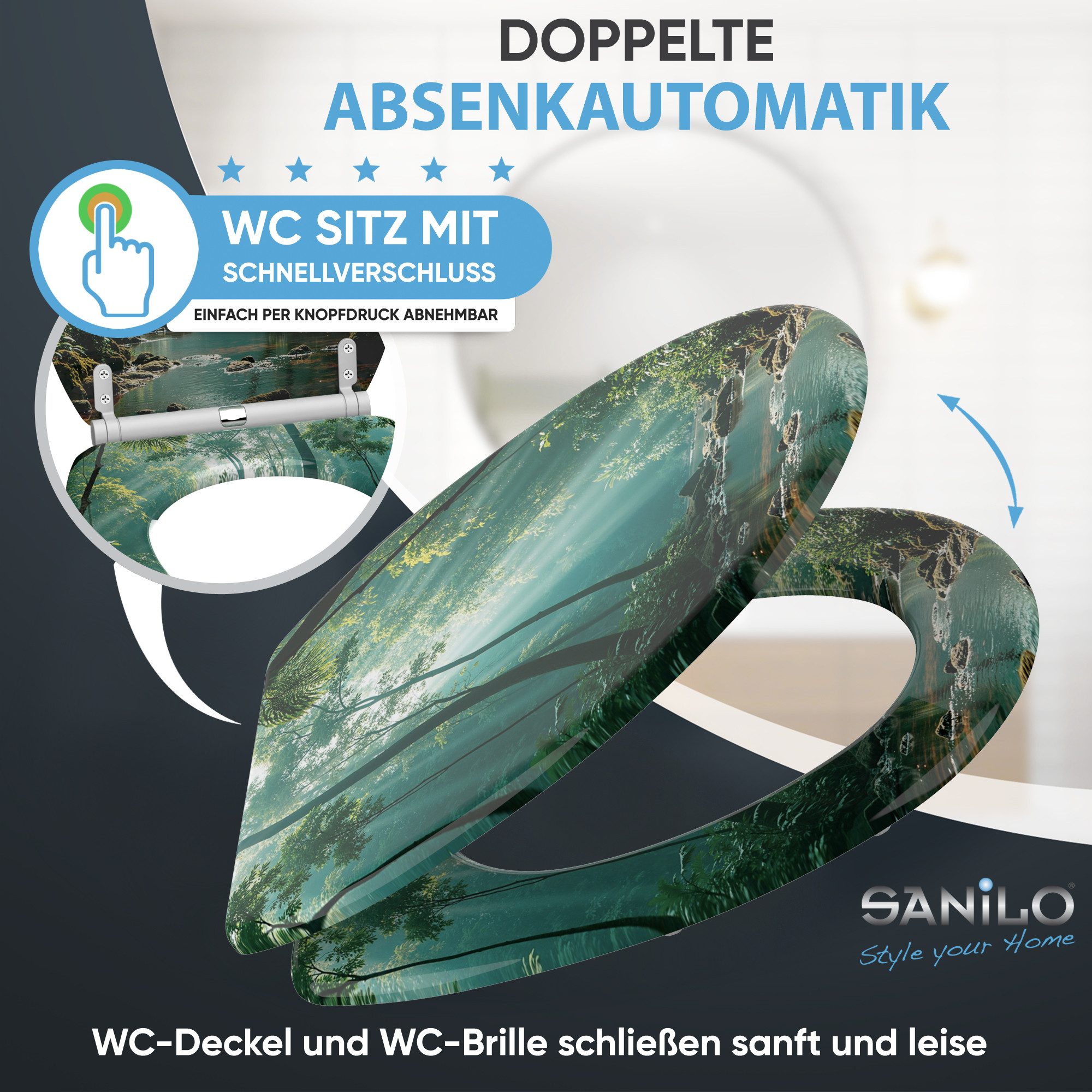 Sanilo WC-Sitz Rainforest mit Absenkautomatik & Quick Release, hochwertig, abnehmbar, leichte Montage von oben, mit Schraubenzieher