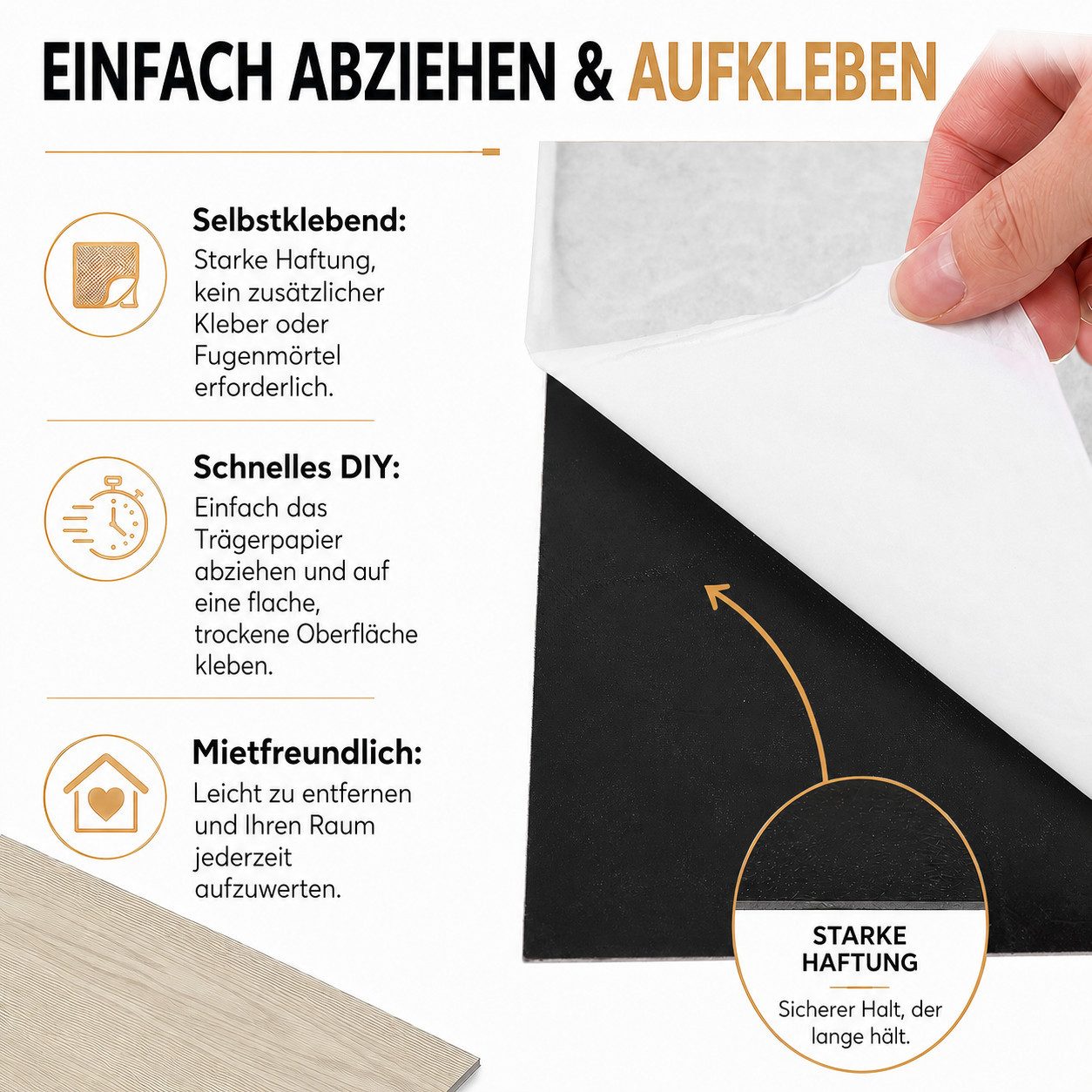 BlingBin Vinylboden PVC-Bodenfliesen selbstklebend in Holzoptik, 54 Stück, ca. 4,86 m², zuschneidbar, Rutschfest Wasserfest, DIY Boden Renovierung, 54er Set, Ma – Bild 4 von 5