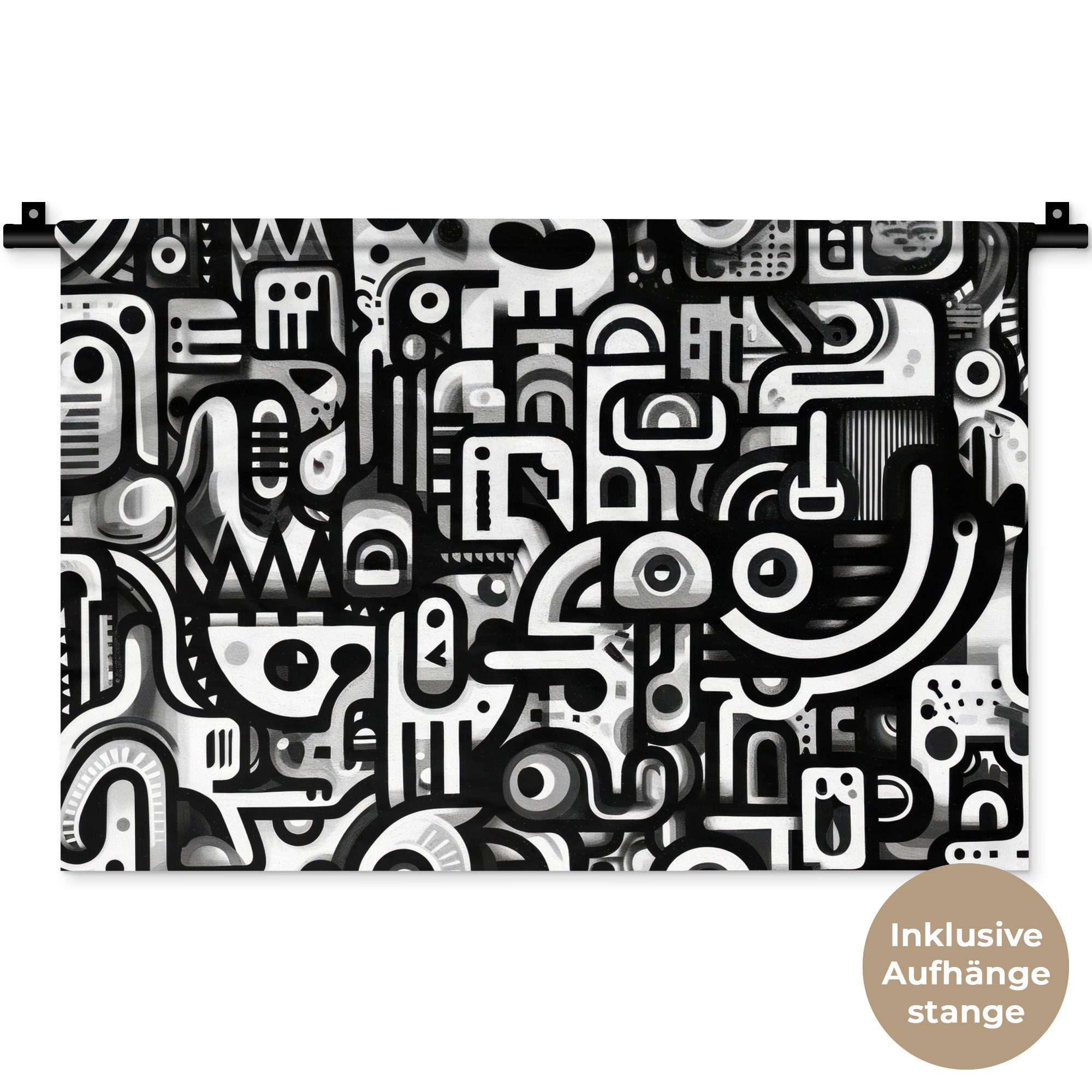 MuchoWow Wandteppich Symbole - Abstrakt - Grafik - Schwarz, Rechteckig, Höhe: 3 mm, Wandteppich für Wohnzimmer, Schlafzimmer, 60x40 cm