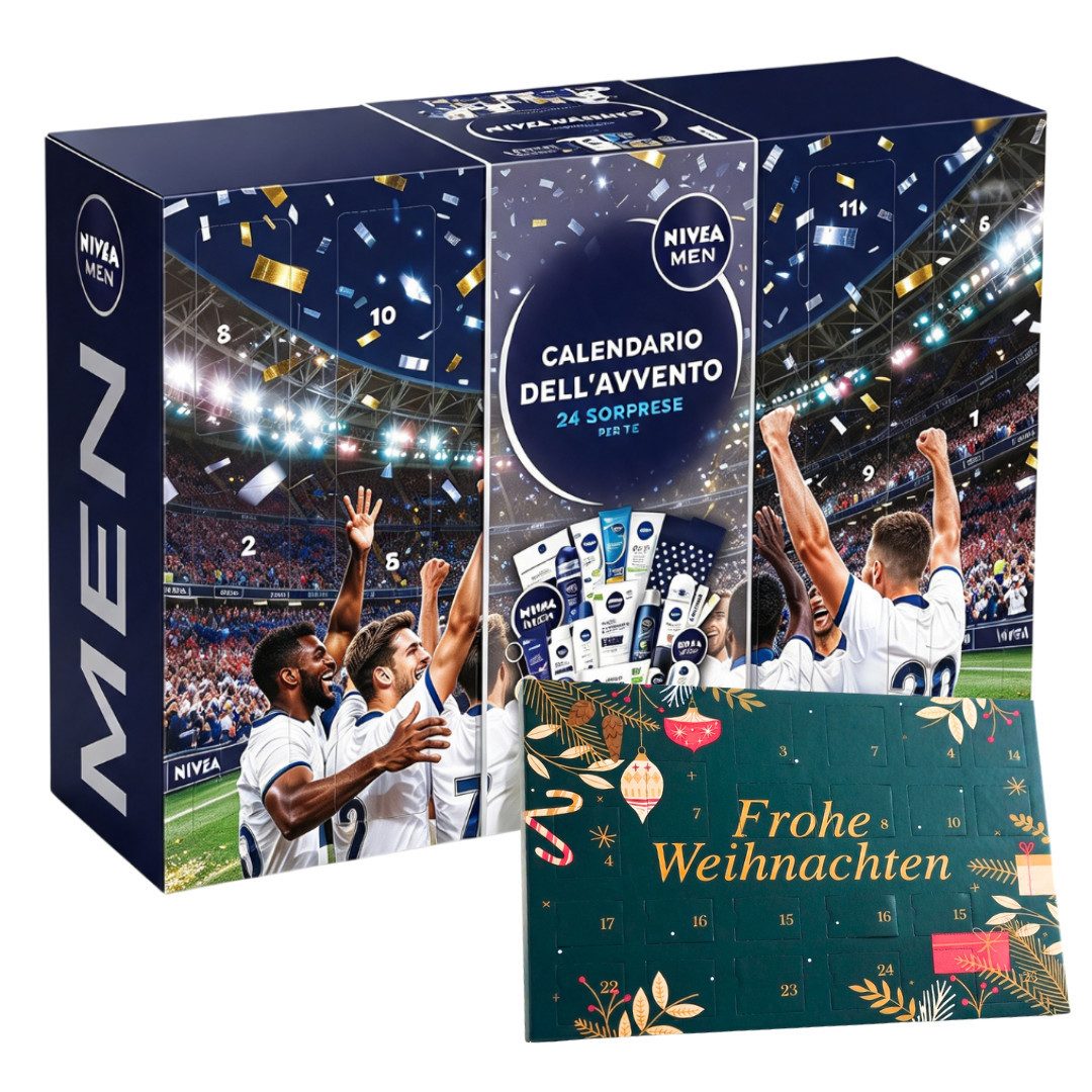 Nivea Men Kosmetik-Adventskalender 2026 Männer + Doug Tisch Adventskalender 2er set Herren Beauty Pflege (Set, 48-tlg), 48 tlg - 24 Pflegeprodukte + 24 Schokoladen Advent Kalender - Mann