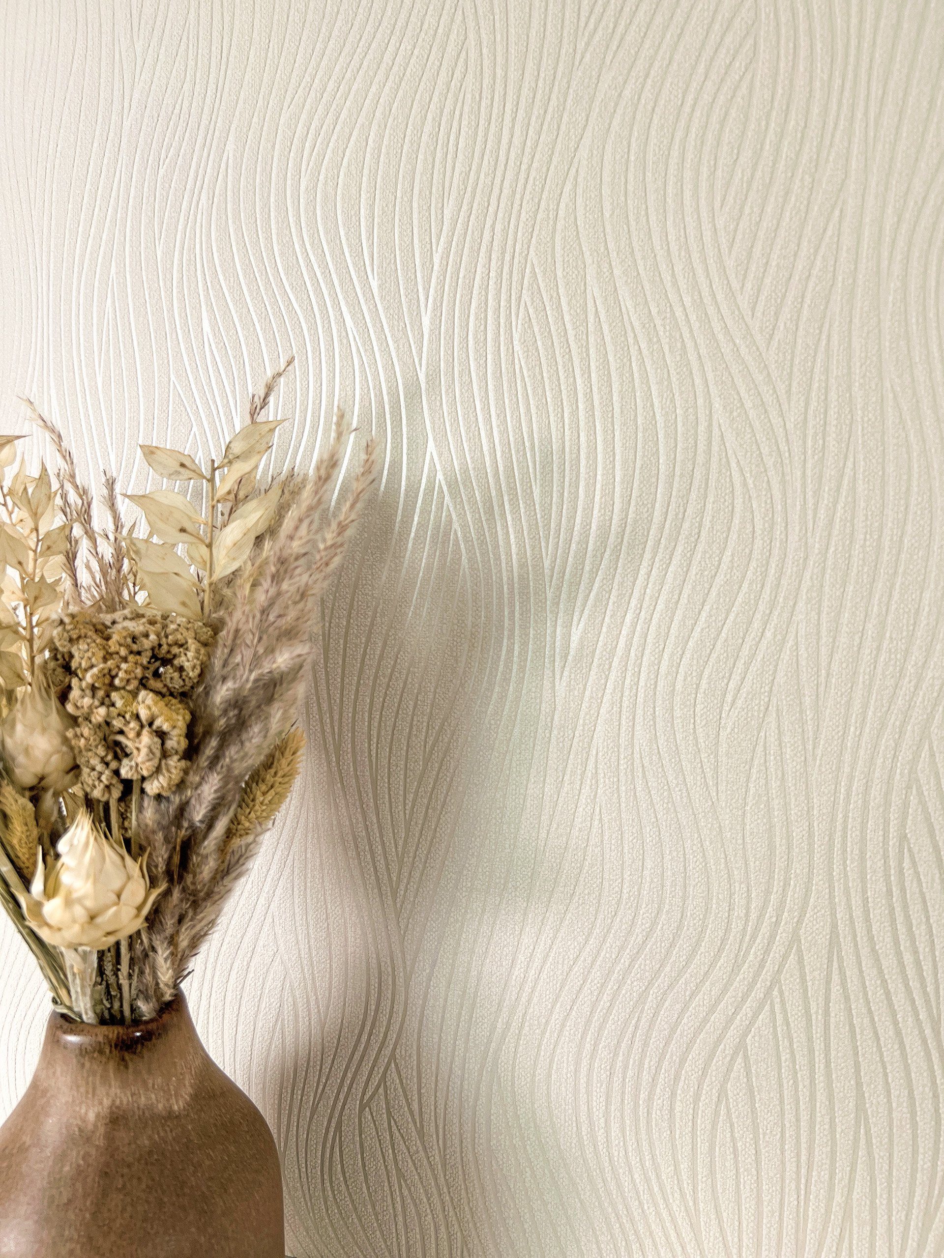 Newroom Vliestapete Rimeda Beige Tapete Streifentapete Wellen,Linien,Struktur, Beige Tapete Streifen Wellen - Wellenmuster Leicht glänzend Hellgrau Greige Modern 3D Optik Linien Struktur für Wohnzimmer Schlafzimmer Küche, Wellenmuster