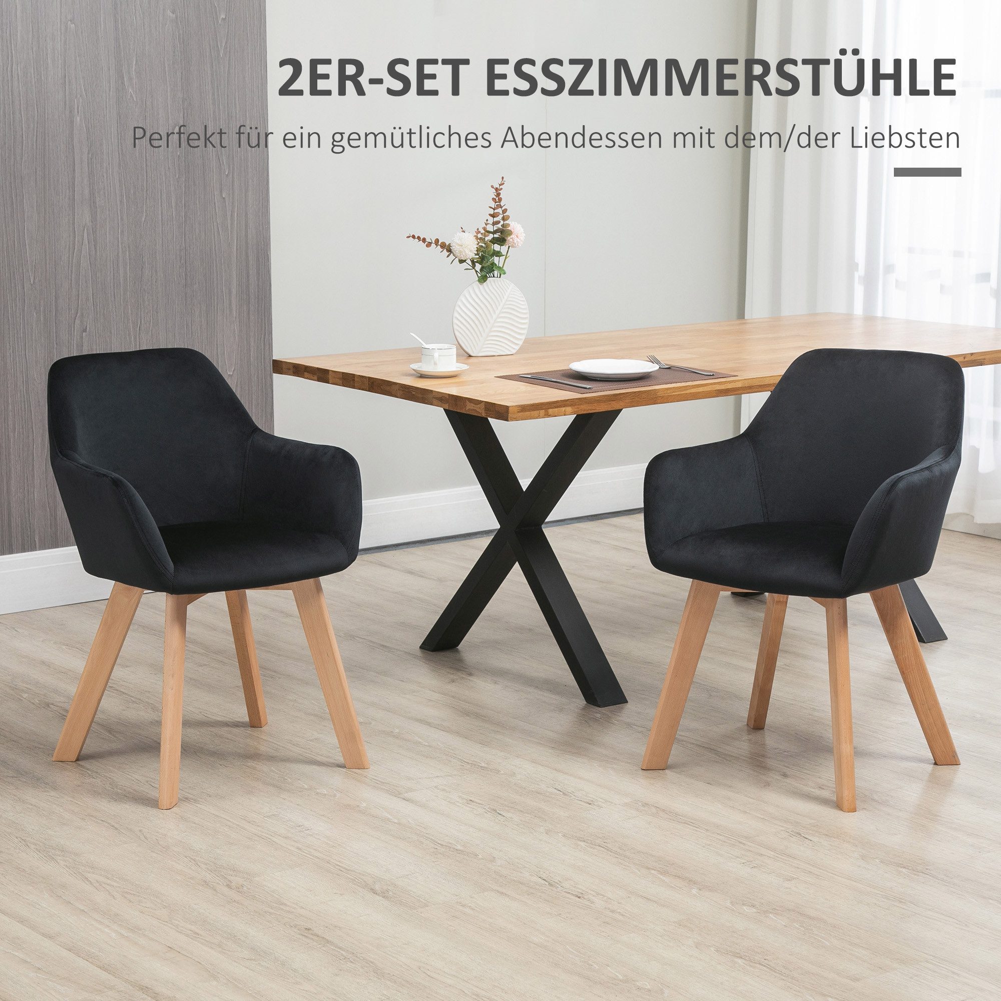HOMCOM Esszimmerstuhl Sessel Polsterstuhl mit Armlehne, Samtoptik, Stühle mit Holzbeinen (Küchenstuhl, 2 St), für Wohnzimmer, Esszimmer, Schwarz – Bild 4 von 5