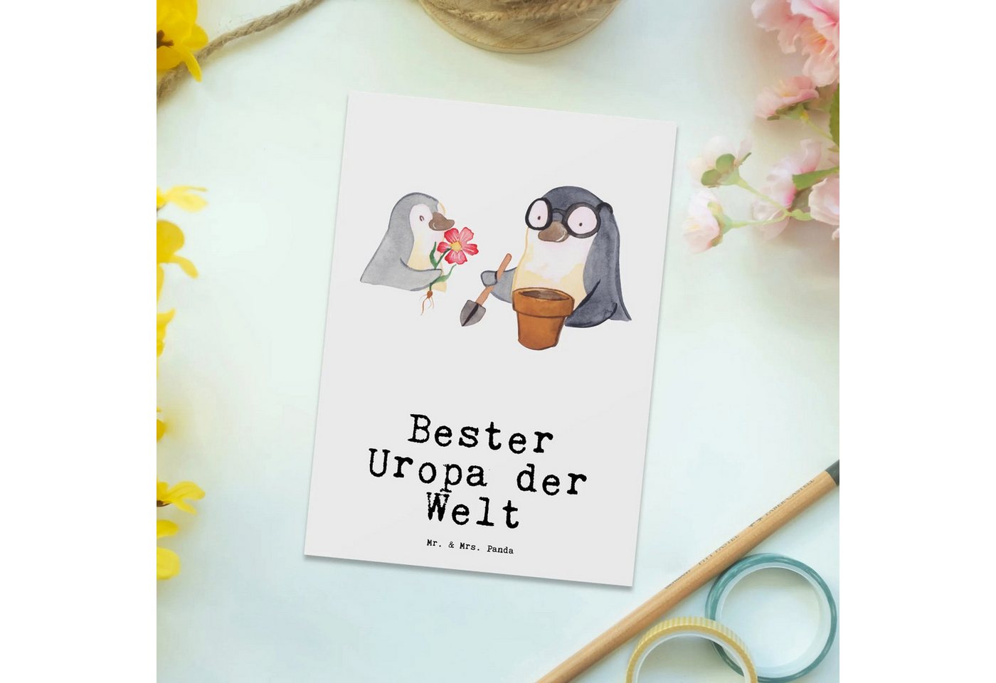 Thumbnail - Mr. & Mrs. Panda Postkarte Pinguin Bester Uropa der Welt - Weiß - Geschenk, Danke, Grußkarte, En, Glänzende Vorderseite