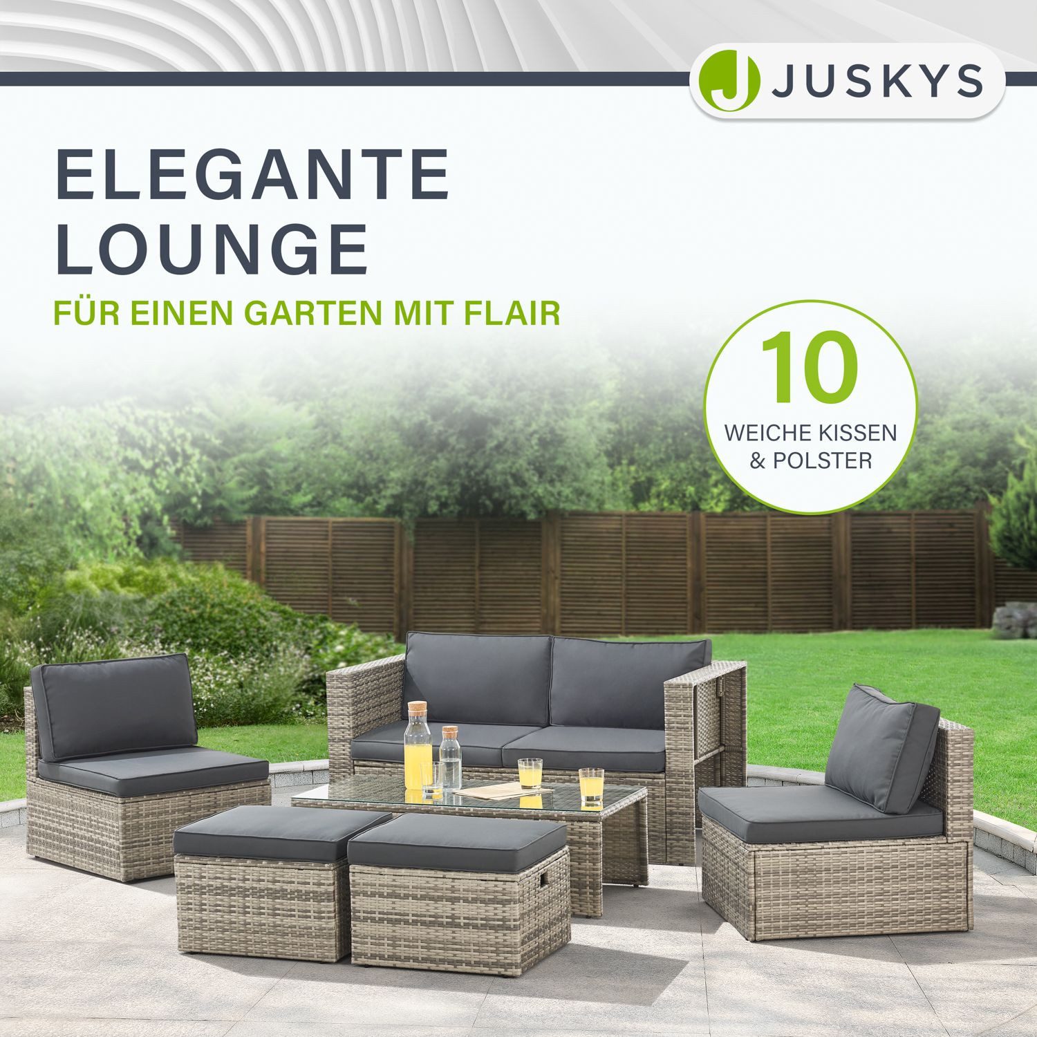 Juskys Gartenlounge-Set Salou, (6-tlg), für 6 Personen, Polyrattan, Glasplatte, wetterfest, mit Kissen