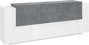 möbelando Sideboard Catania, Modernes Sideboard aus Spanplatte in Weiß-Hochglanz / Schiefer matt mit 4 Holztüren, 2 Schubkästen, 2 Einlegeböden und 1 Klappe. Breite 220 cm, Höhe 86 cm, Tiefe 45 cm