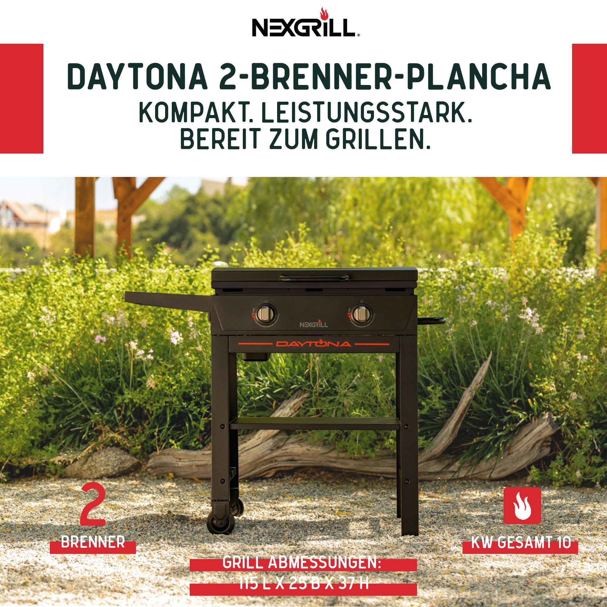 nexgrill Gasgrill Daytona 2B 2-Brenner Plancha Gasgrill, Grillplatte mit Keramikbeschichtung 70x49cm, 10 kW Gesamtleistung
