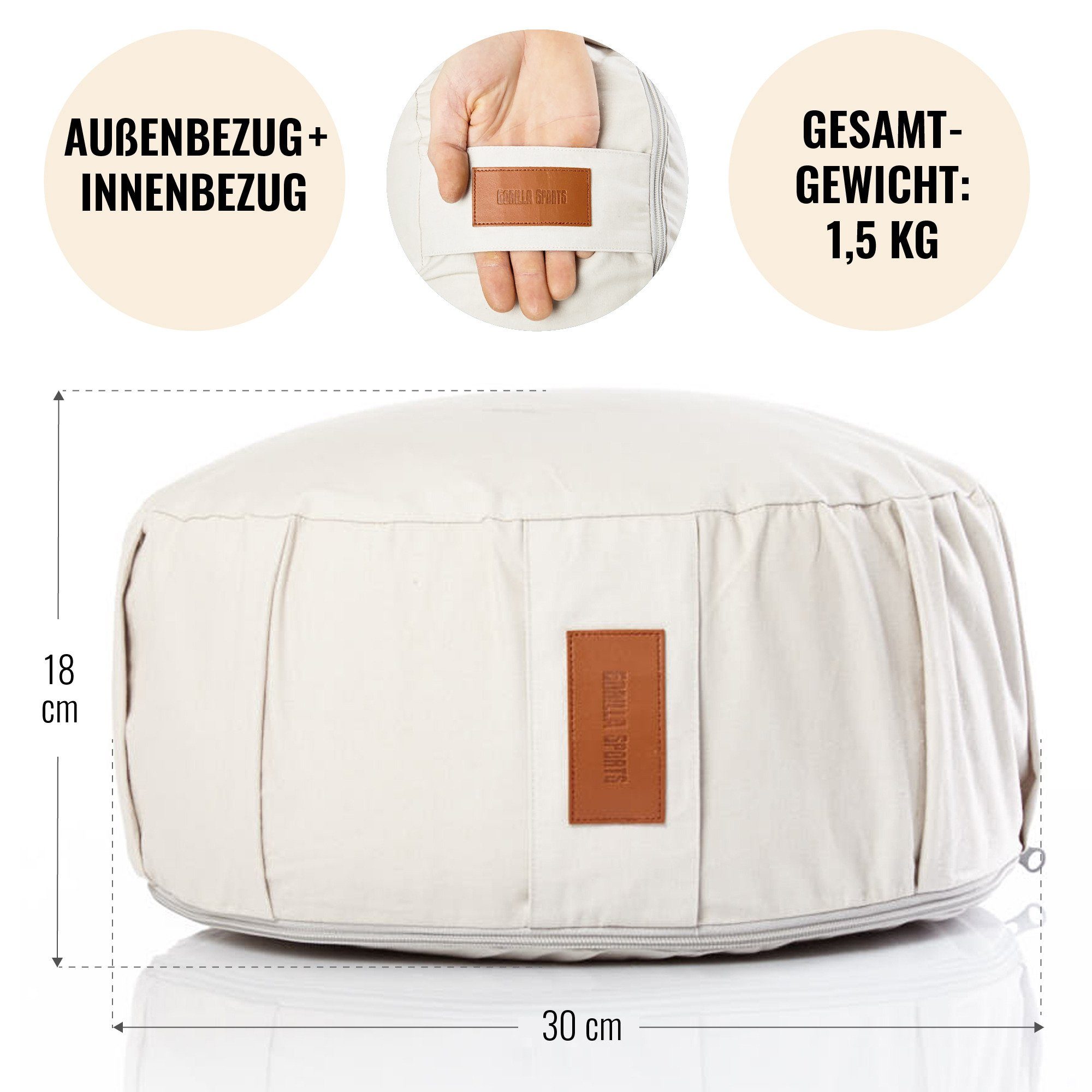 GORILLA SPORTS Bodenkissen Yogakissen - Rund, 100%Baumwolle, Meditationskissen, Sitzhöhe 18cm, Ø 30cm, Sitzkissen, Yoga Bolster, mit Griff, Waschbarer, Farbwahl