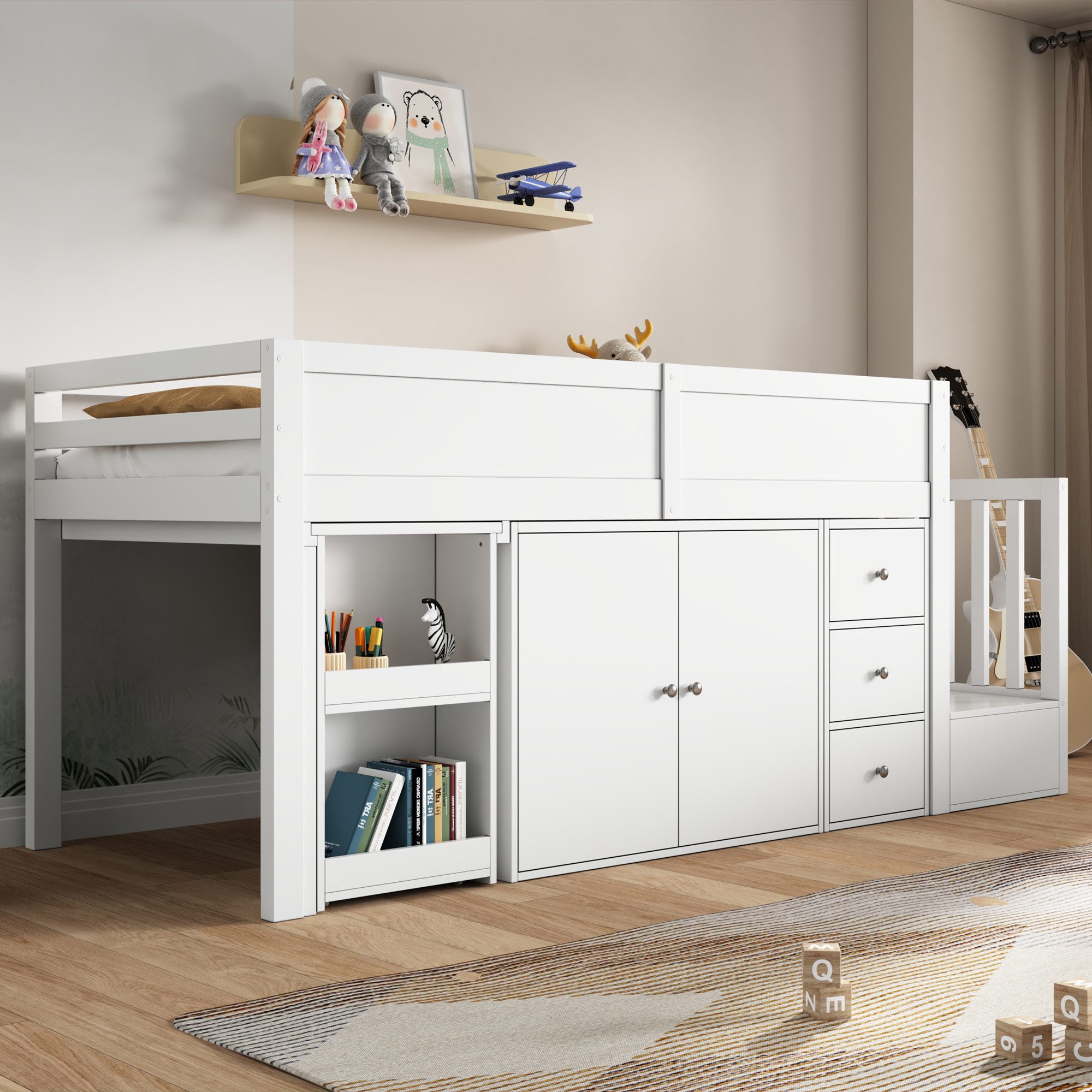 Odikalo Hochbett Kinderbett Ausziehbarem Schreibtisch Treppeschrank Ohne Matratze90x200
