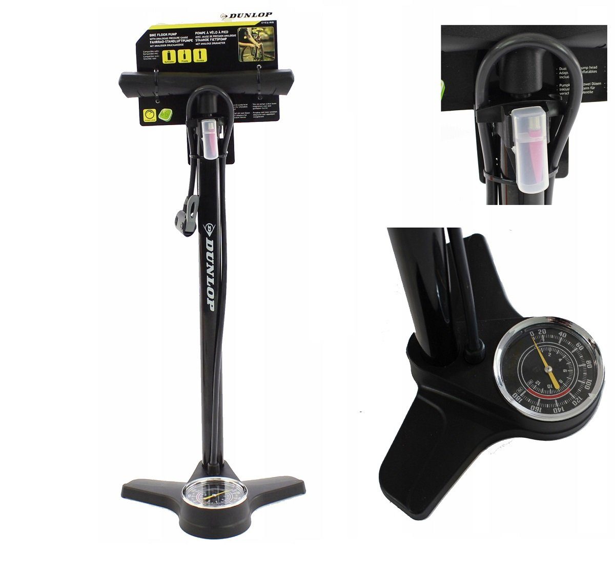 Dunlop Luftpumpe Standluftpumpe mit großem Manometer + Ventiladapter