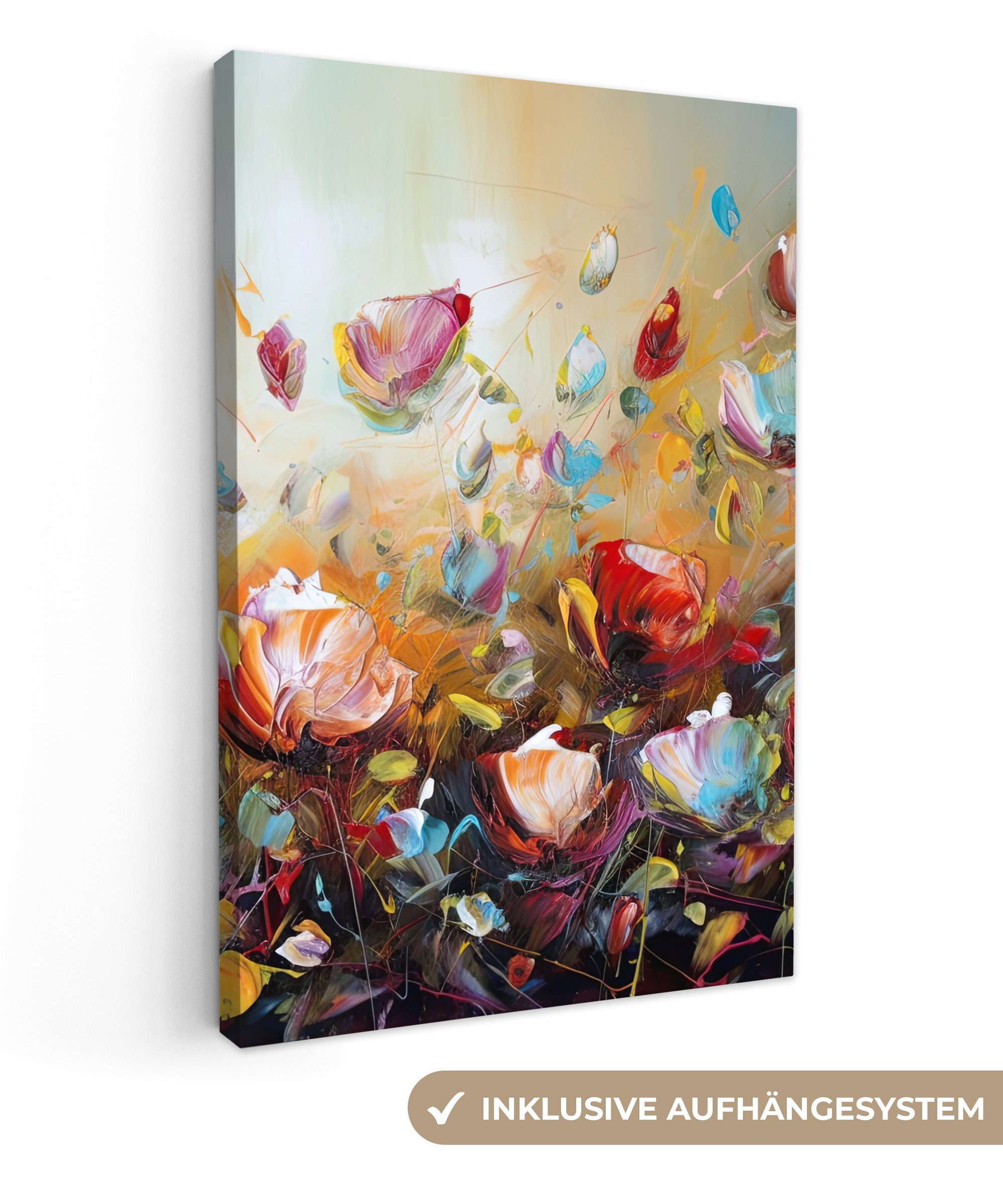 OneMillionCanvasses® Leinwandbild Blumen - Kunst - Natur - Ölfarbenoptik, Fotodruck (1 St), Bilder groß Wohnzimmer Schlafzimmer 80x120 cm