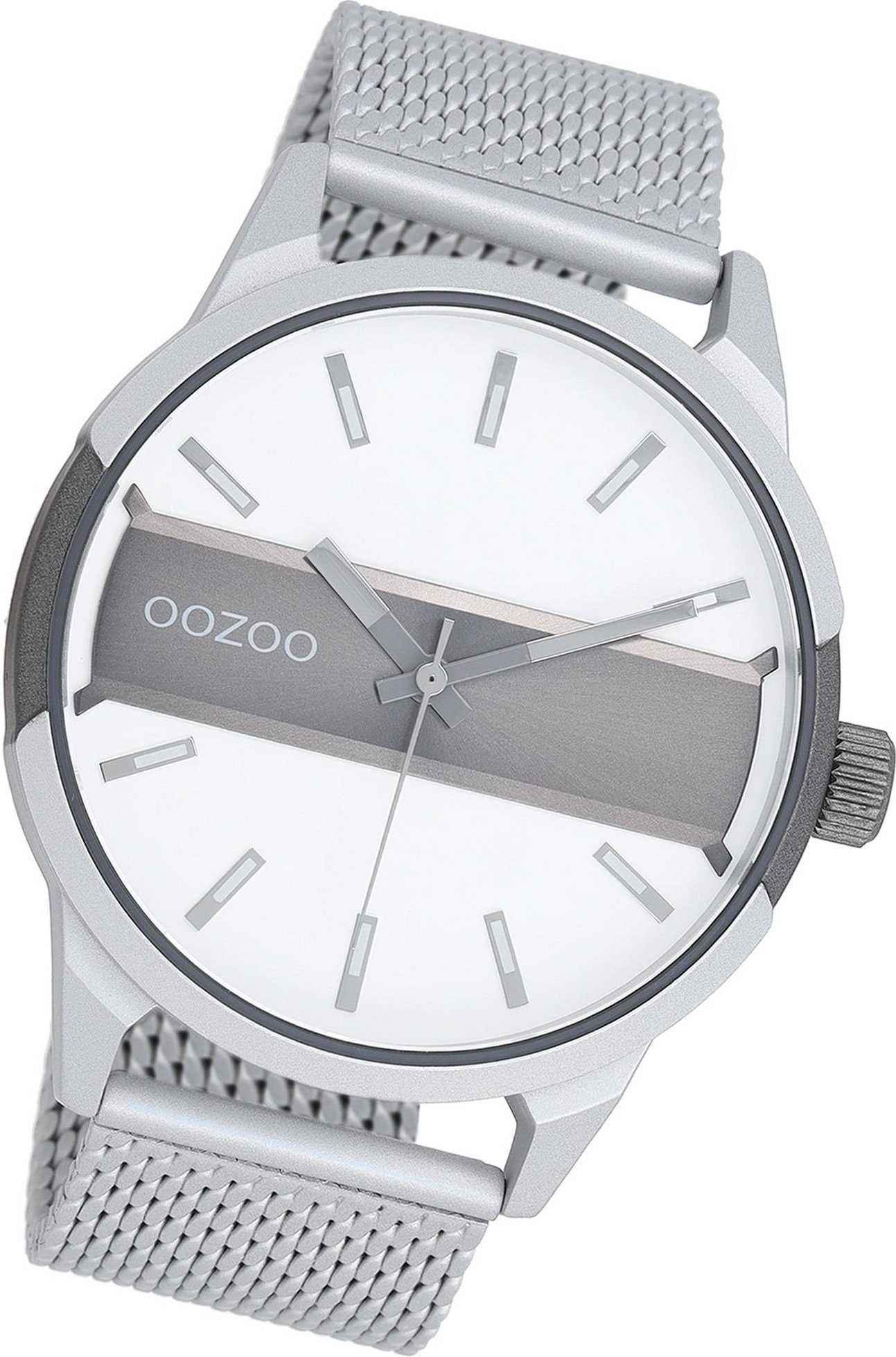 OOZOO Quarzuhr Oozoo Herren Armbanduhr Timepieces, Herrenuhr Metall, Mesharmband silber, rundes Gehäuse, groß (ca. 48mm)