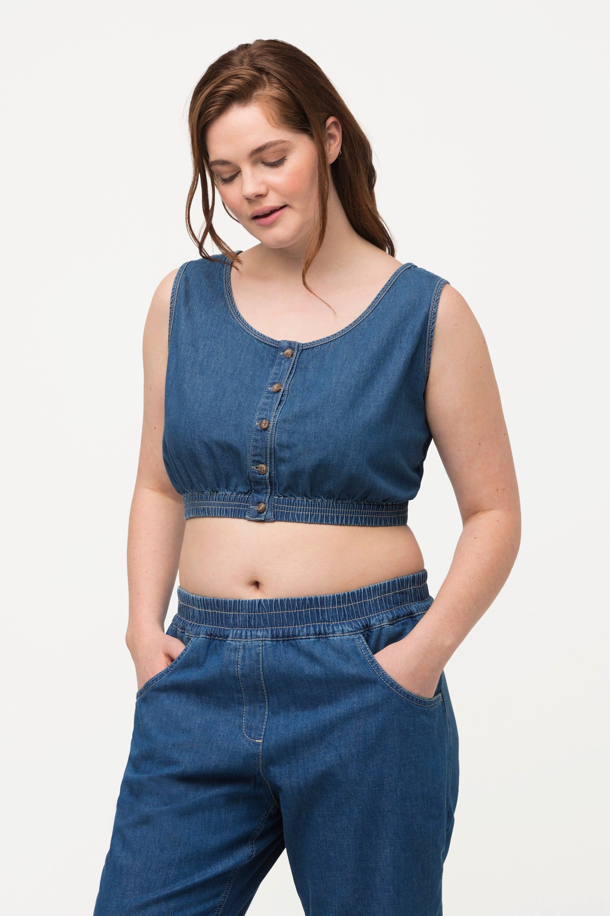 Ulla Popken Spitzenbluse Bustier Jeansoptik Rundhals Biobaumwolle