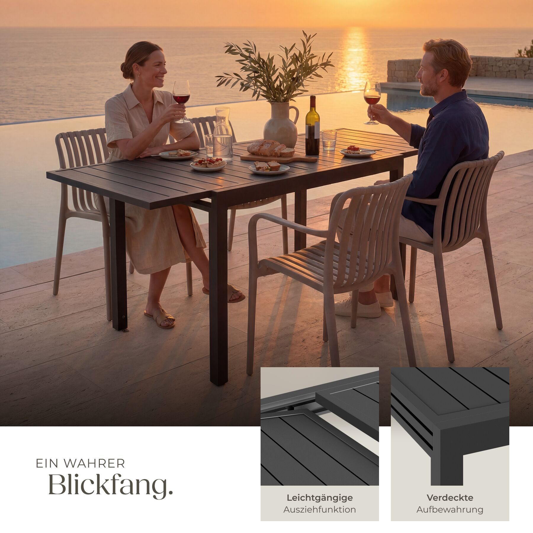 tectake Gartentisch Balkontisch für 4–6 Personen aus Aluminium, 70–140 x 70 x 75 cm (ausziehbarer Tisch Campos, 1-St., in dunkelgrau), ausziehbar, wetterfest un – Bild 4 von 5