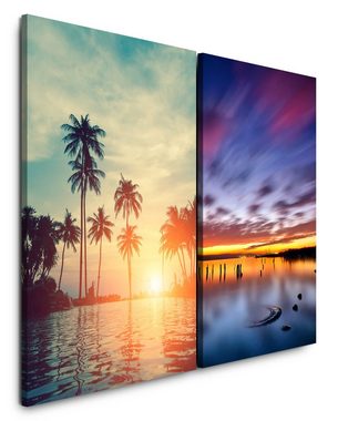 Sinus Art Leinwandbild 2 Bilder je 60x90cm Palmen Miami Meer Sonnenuntergang Sommer Abendröte Urlaub