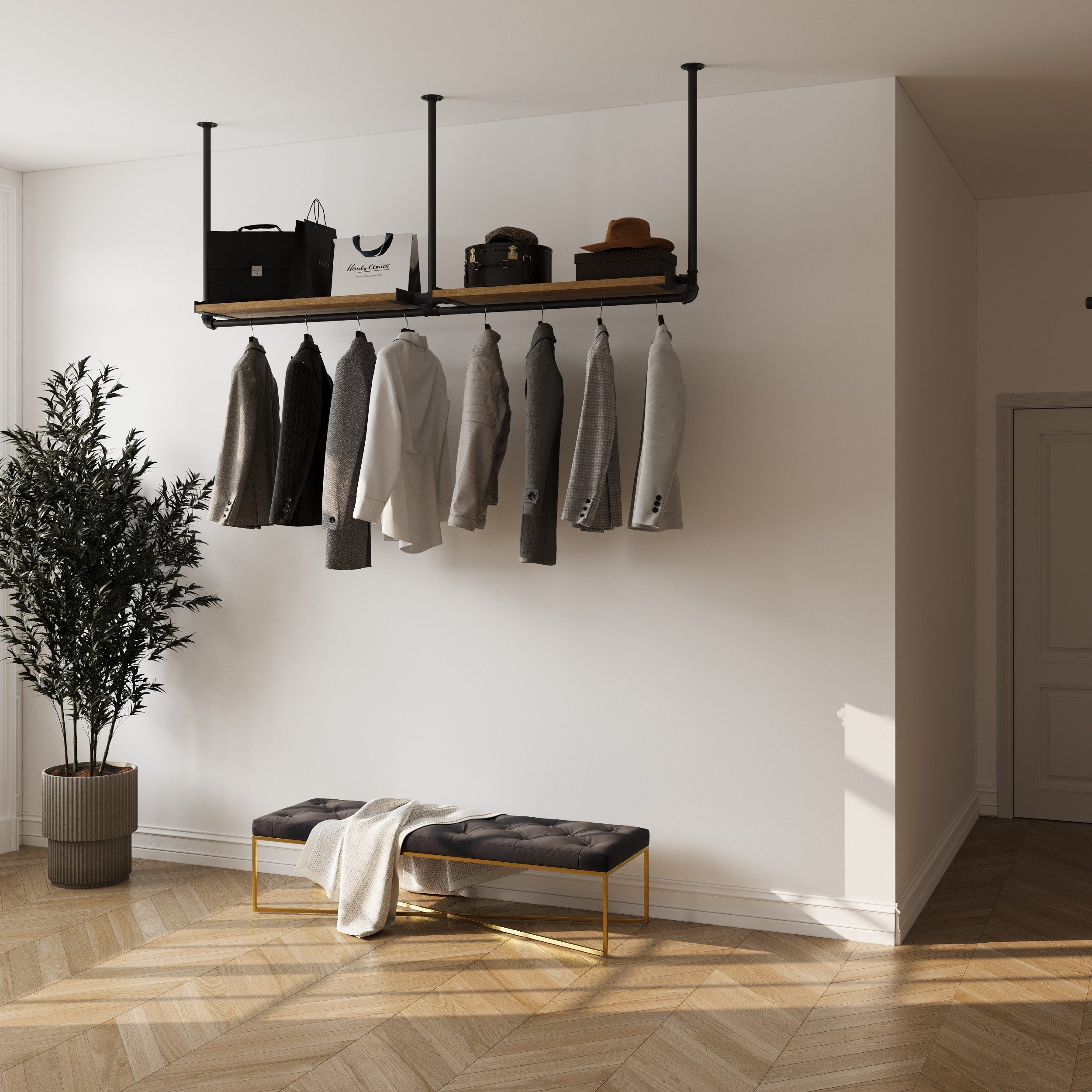 RSR Hangers Kleiderstange Garderobenleiste Kleiderstange Garderobe „DIEK“ mit Eichenholz Ablage