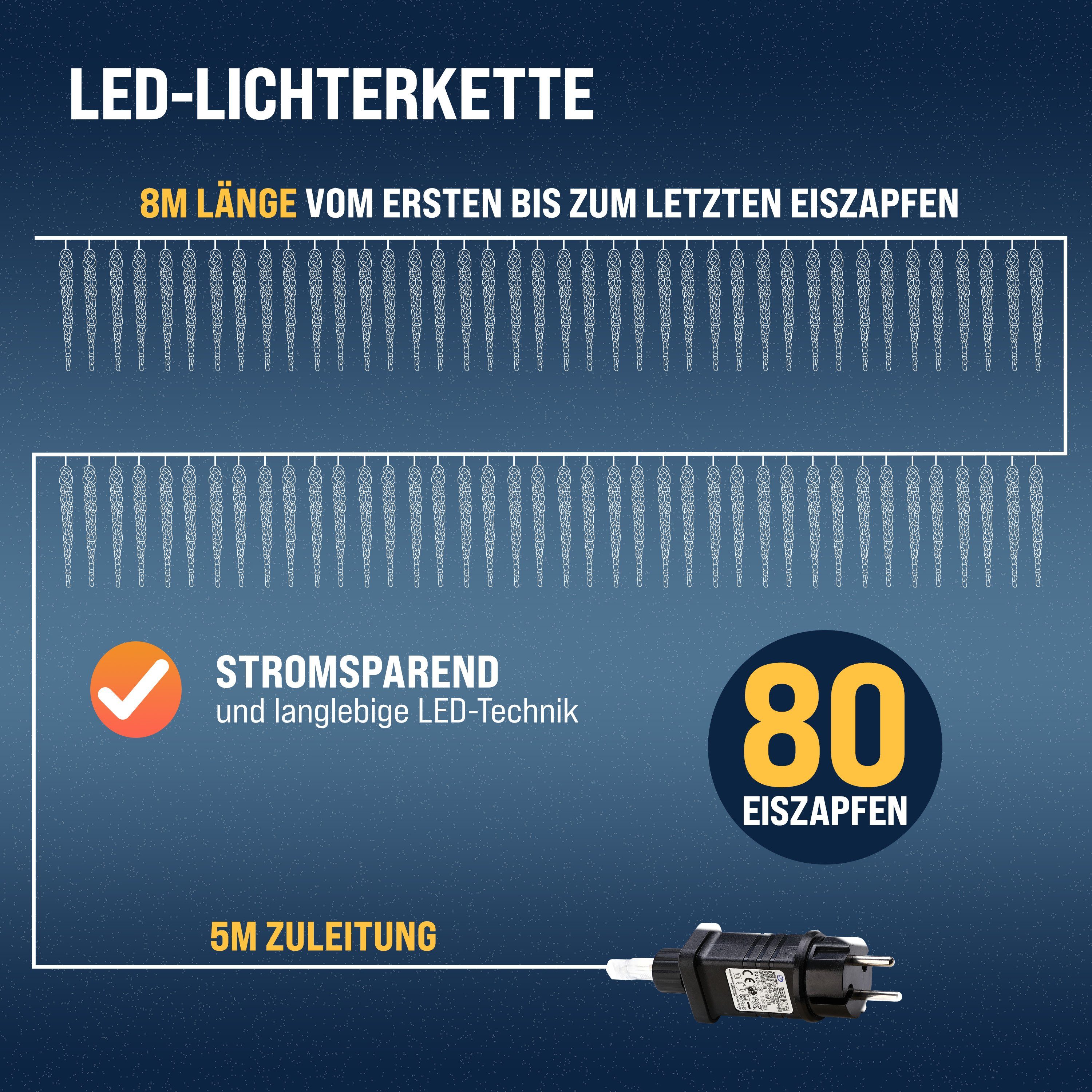 monzana Lichterkette, Eiszapfen Lichterkette 13m 80 Zapfen Kaltweiß Eisregen