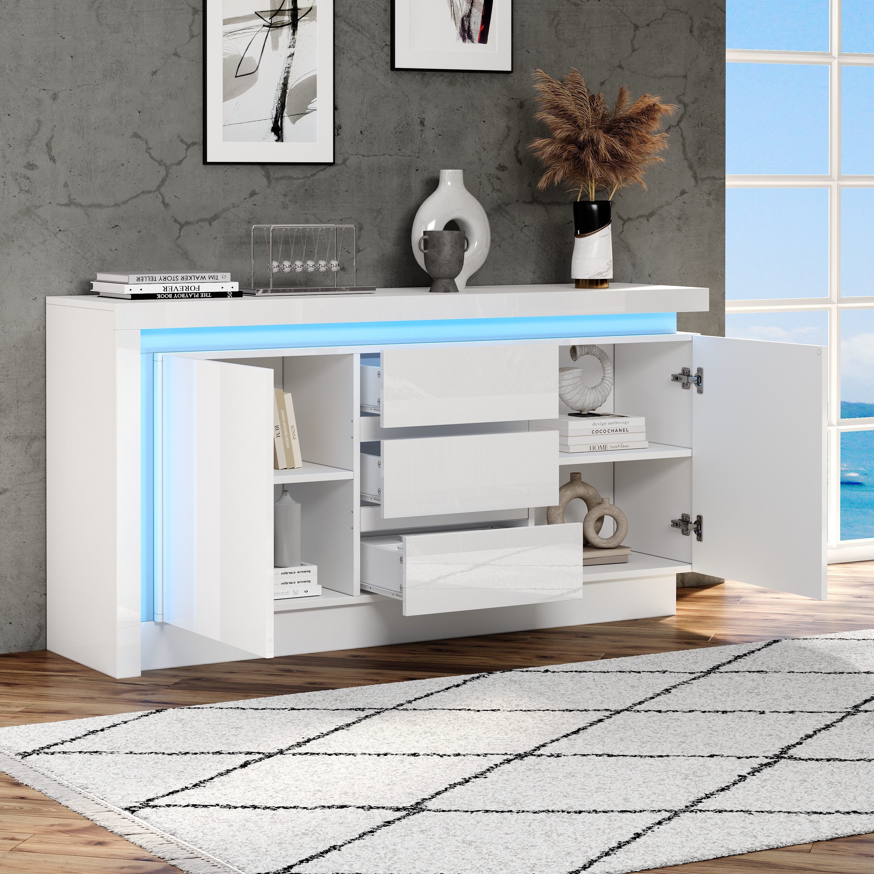 KLAM HOME Sideboard 140*35*72cm Beistelltisch mit 3 Schubladen und LED- Beleuchtung (Schrank mit verstellbaren Einlegeböden und 2 Türen), Kommode für das Schlafzimmer,Wohnzimmer