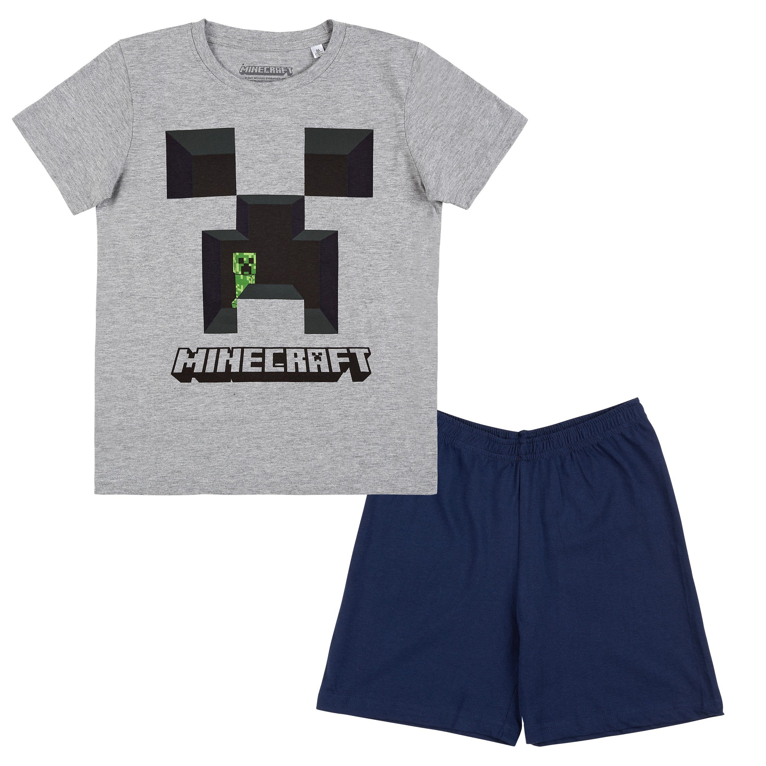 Minecraft Pyjama Minecraft Jungen kurz Creeper Pyjama (1) Schlafanzug Grau
