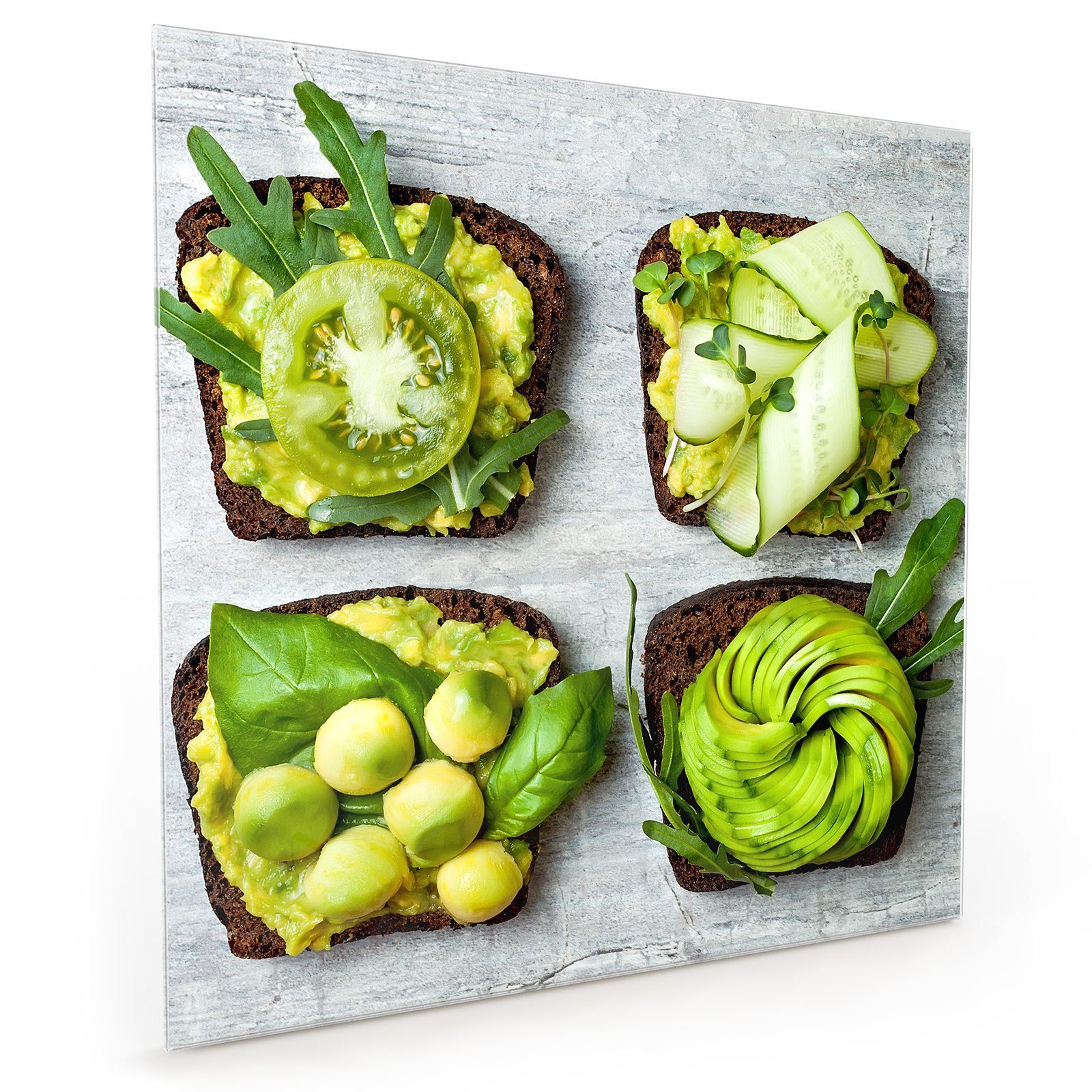 Primedeco Küchenrückwand Küchenrückwand Glas Avocado mit Motiv Spritzschutz Toasts Frische